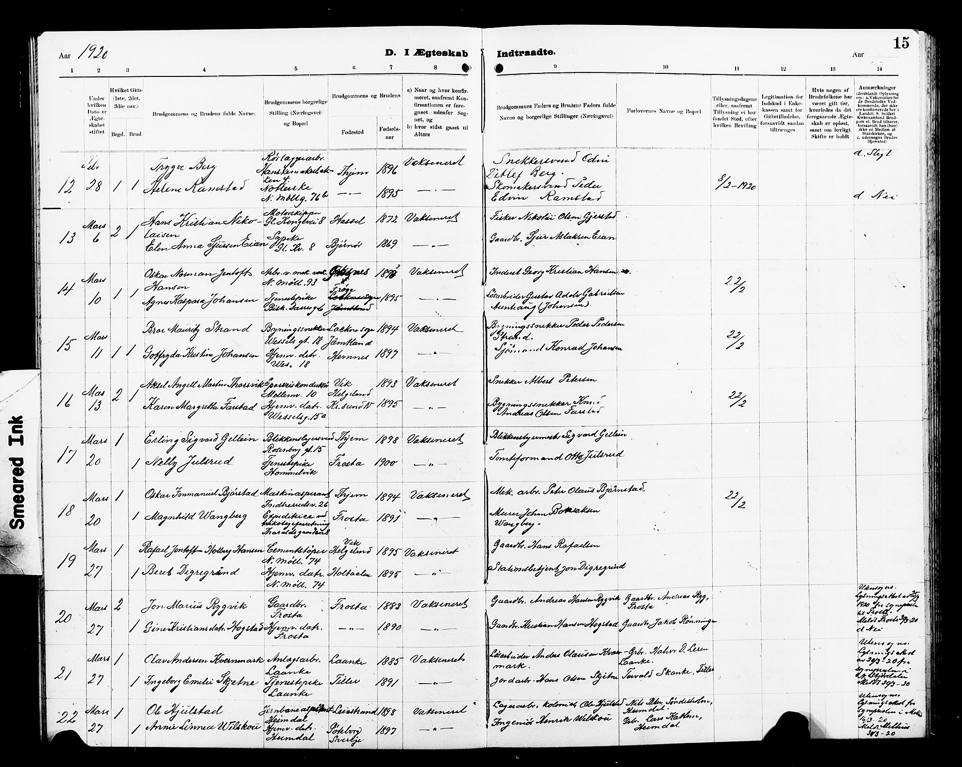 Ministerialprotokoller, klokkerbøker og fødselsregistre - Sør-Trøndelag, SAT/A-1456/605/L0257: Parish register (copy) no. 605C04, 1916-1922, p. 15