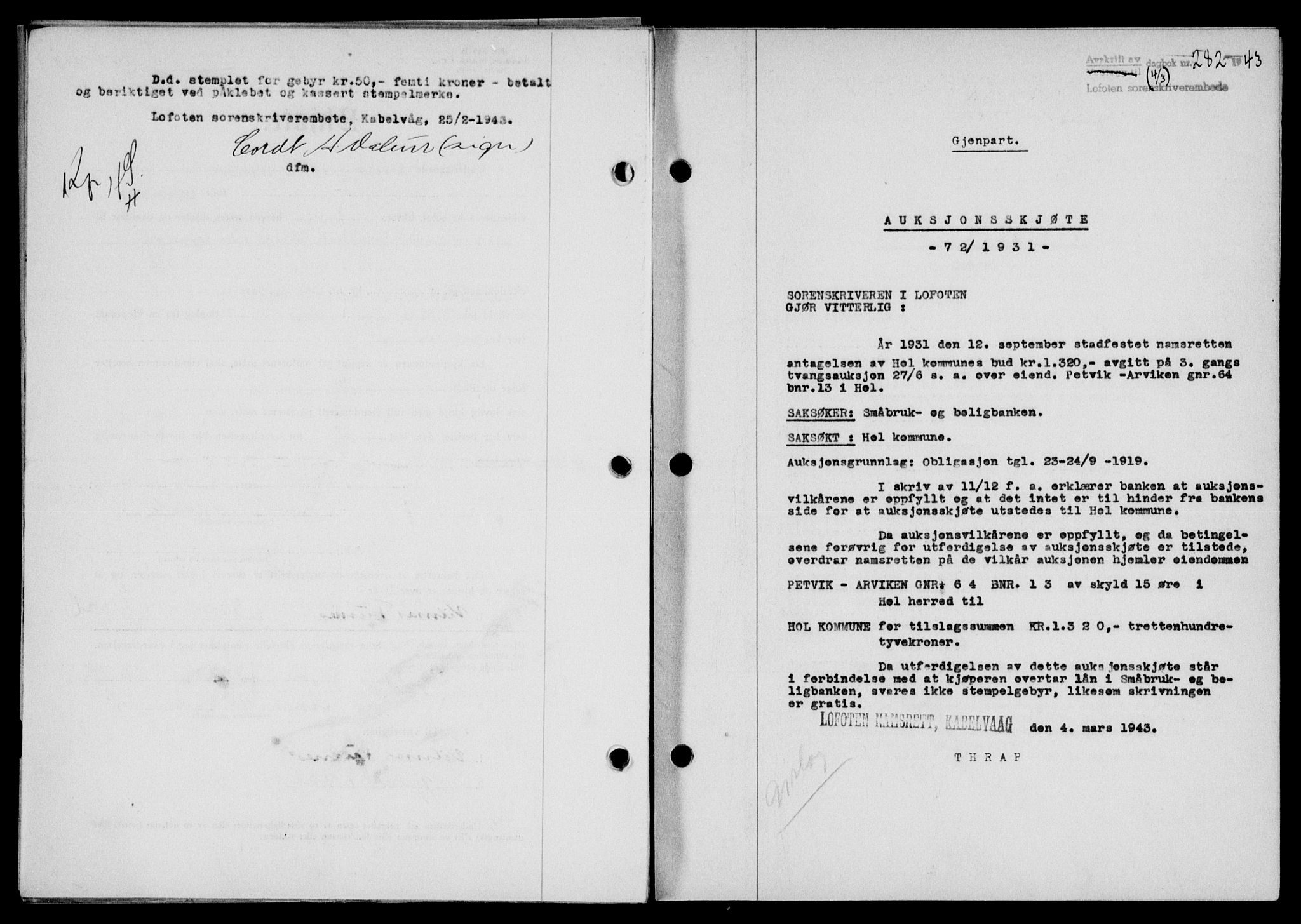 Lofoten sorenskriveri, SAT/A-0017/1/2/2C/L0011a: Mortgage book no. 11a, 1943-1943, Diary no: : 282/1943