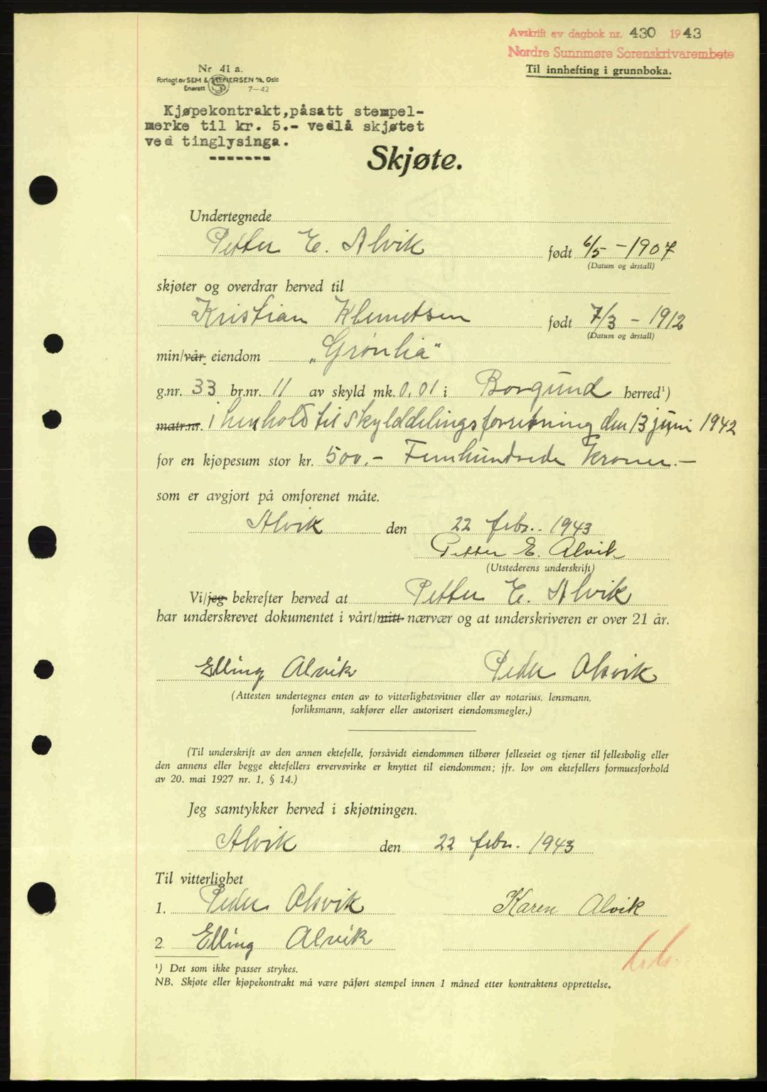 Nordre Sunnmøre sorenskriveri, AV/SAT-A-0006/1/2/2C/2Ca: Mortgage book no. A15, 1942-1943, Diary no: : 430/1943