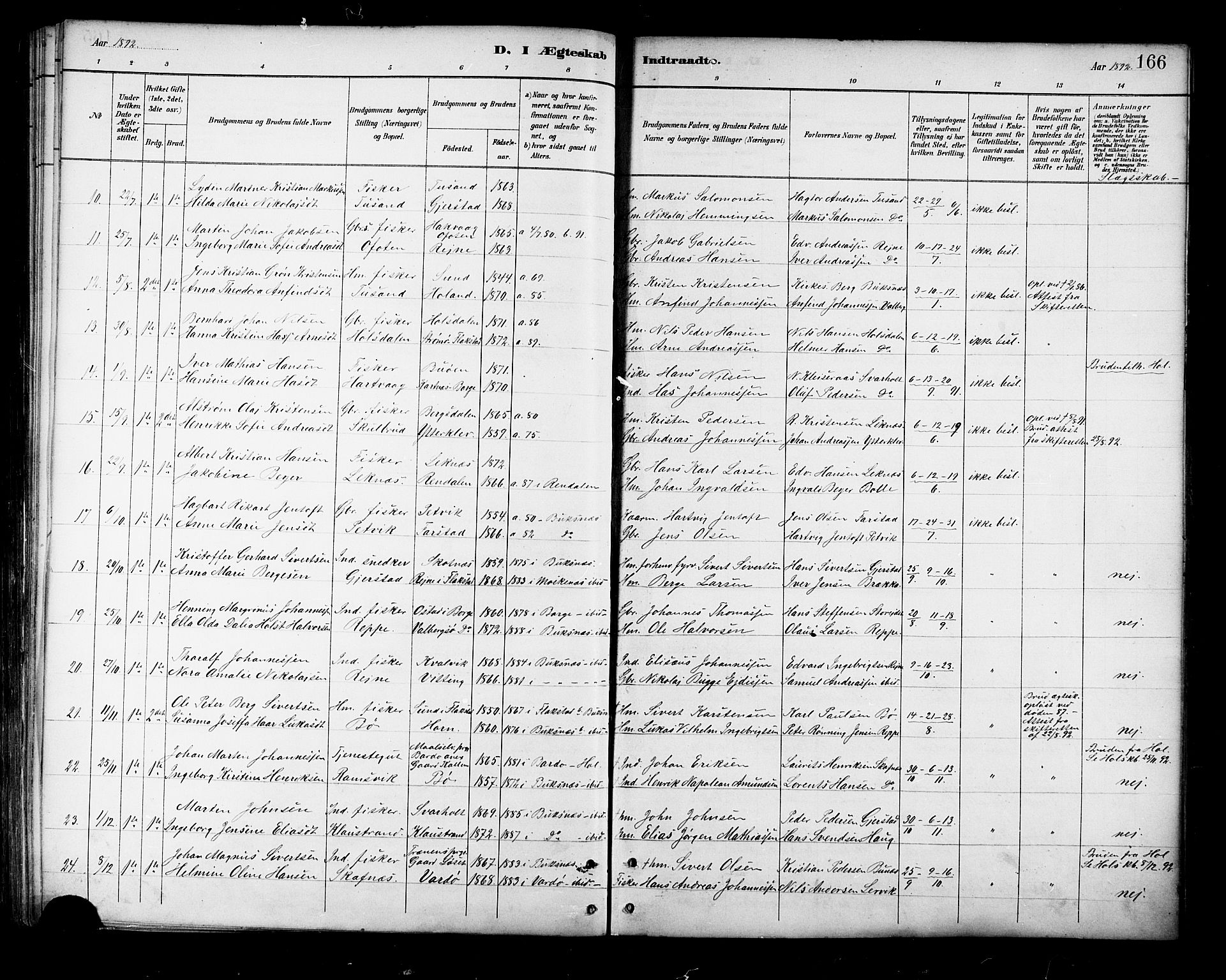 Ministerialprotokoller, klokkerbøker og fødselsregistre - Nordland, SAT/A-1459/881/L1167: Parish register (copy) no. 881C04, 1886-1899, p. 166