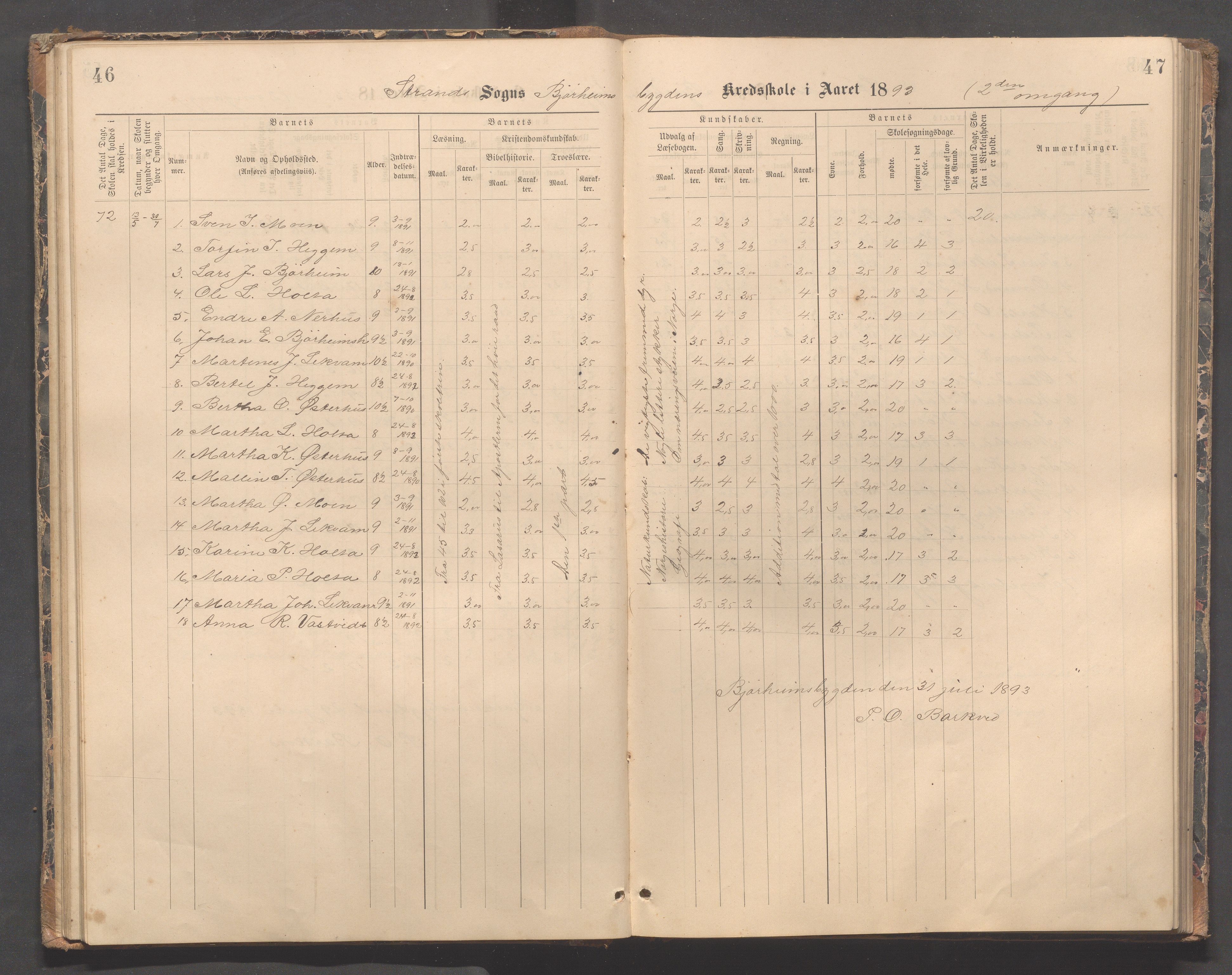 Strand kommune - Bjørheimsbygd skole, IKAR/A-147/H/L0002: Skoleprotokoll for Bjørheimsbygd og Lekvam krets, 1891-1907, p. 46-47