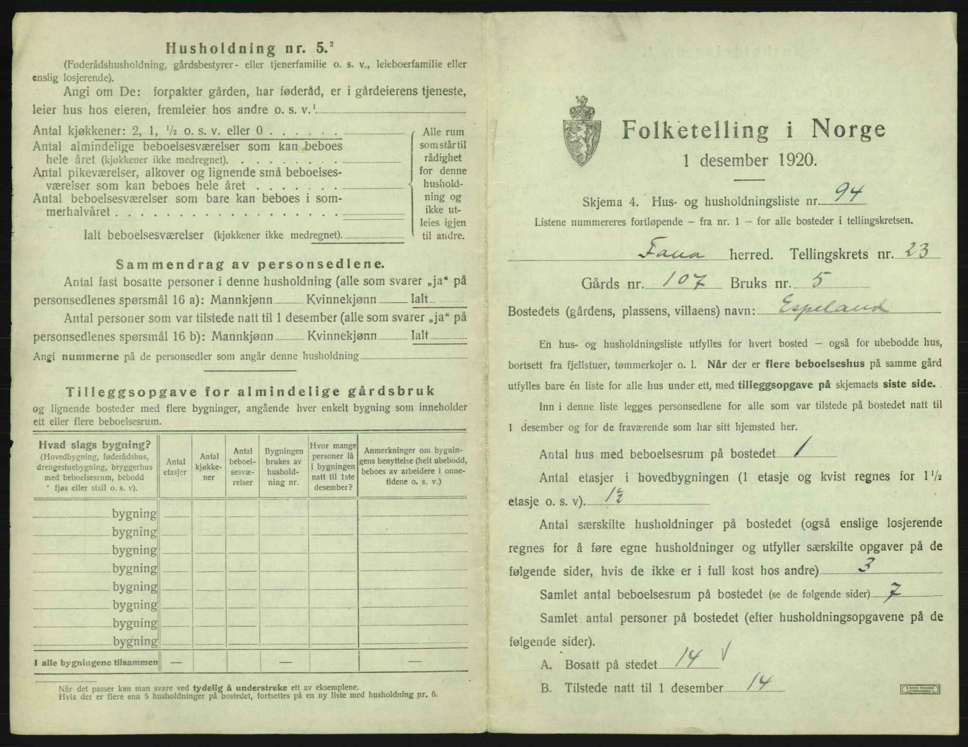 SAB, 1920 census for Fana, 1920, p. 3510