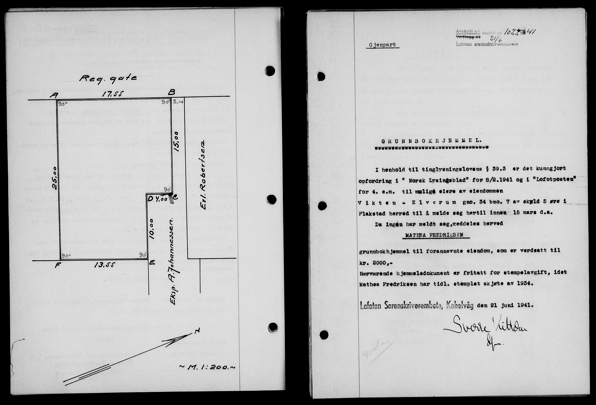 Lofoten sorenskriveri, SAT/A-0017/1/2/2C/L0008a: Mortgage book no. 8a, 1940-1941, Diary no: : 1022/1941