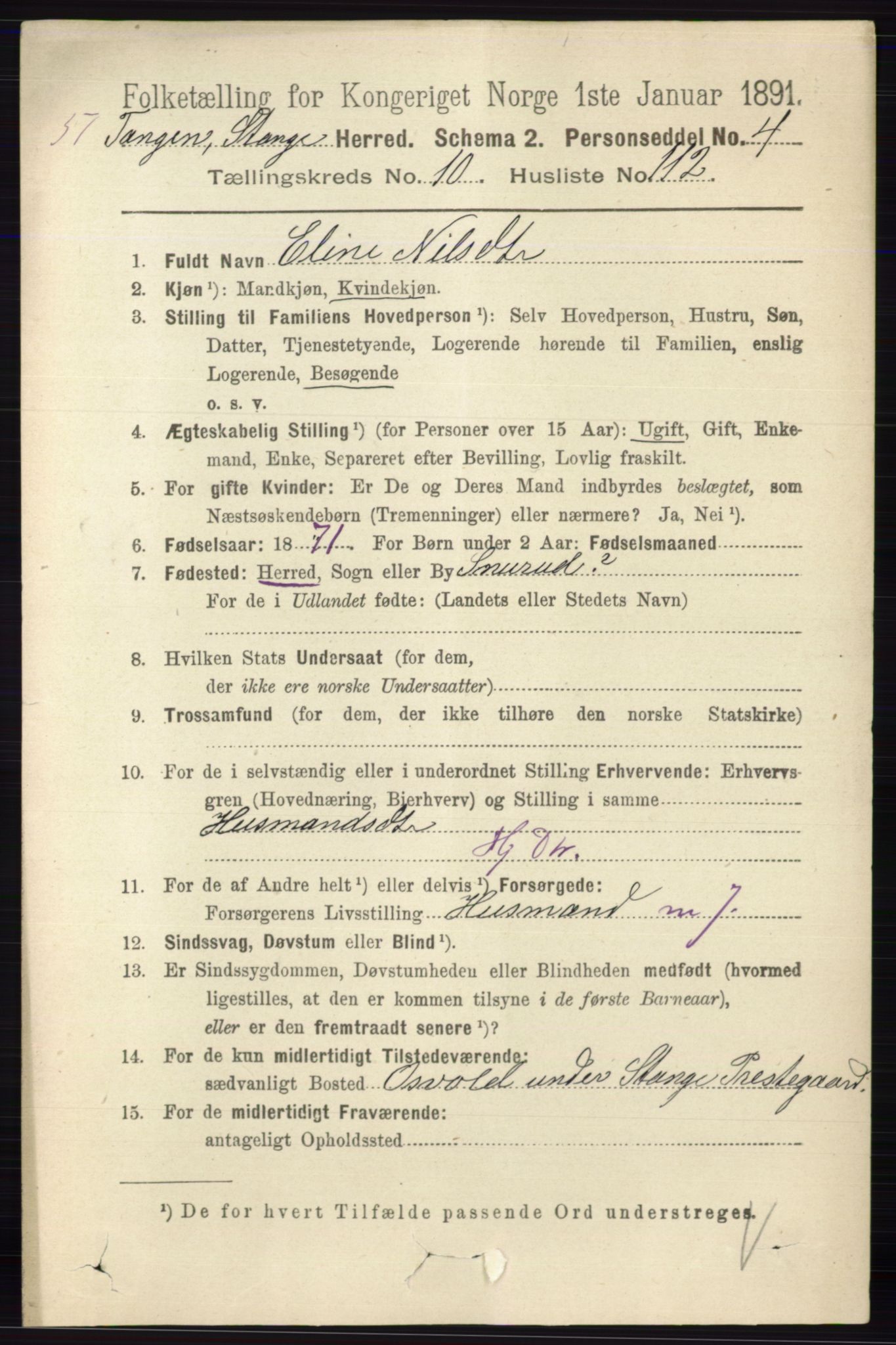 RA, 1891 census for 0417 Stange, 1891, p. 7419