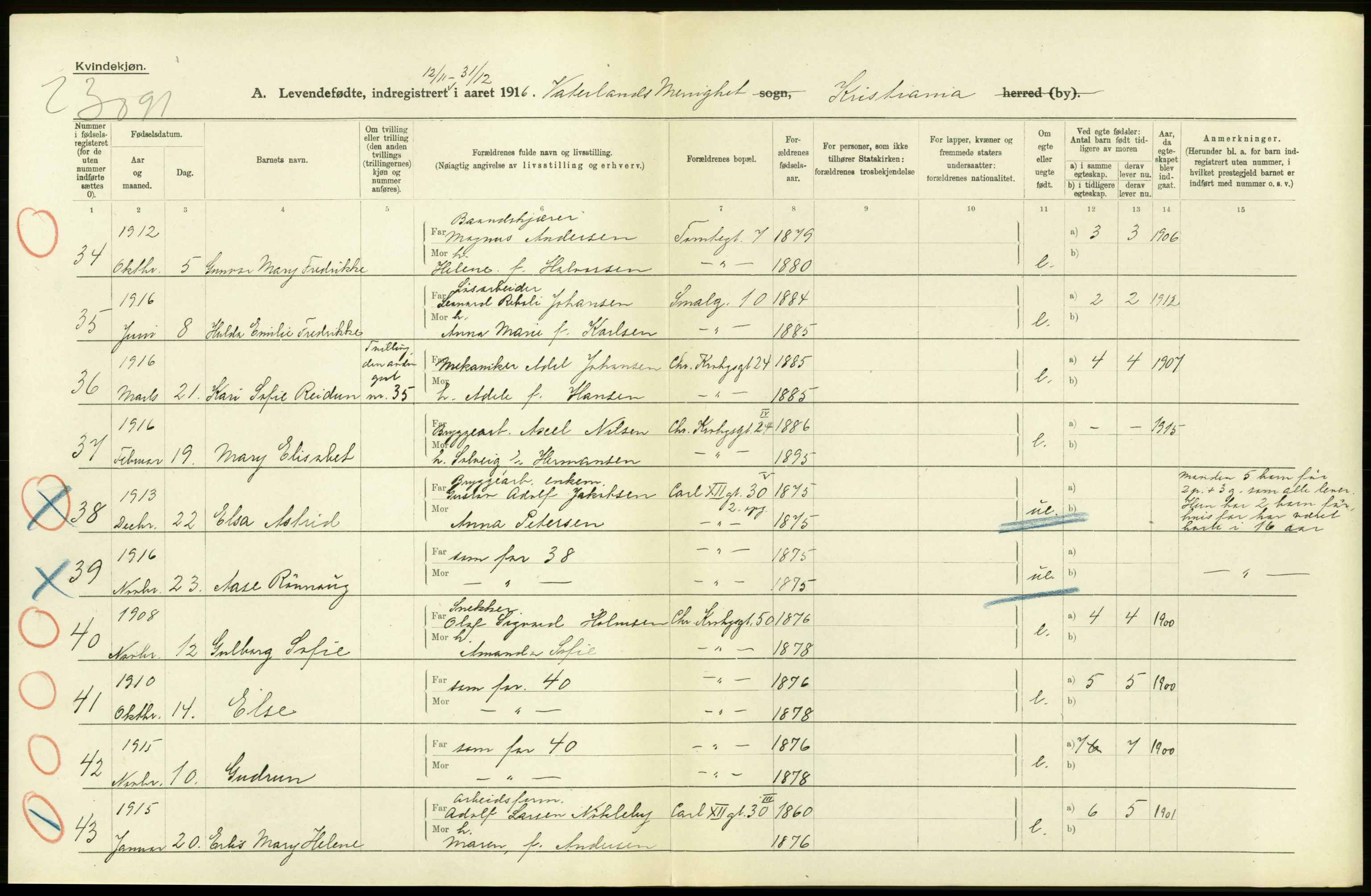 Statistisk sentralbyrå, Sosiodemografiske emner, Befolkning, RA/S-2228/D/Df/Dfb/Dfbf/L0007: Kristiania: Levendefødte menn og kvinner., 1916, p. 388