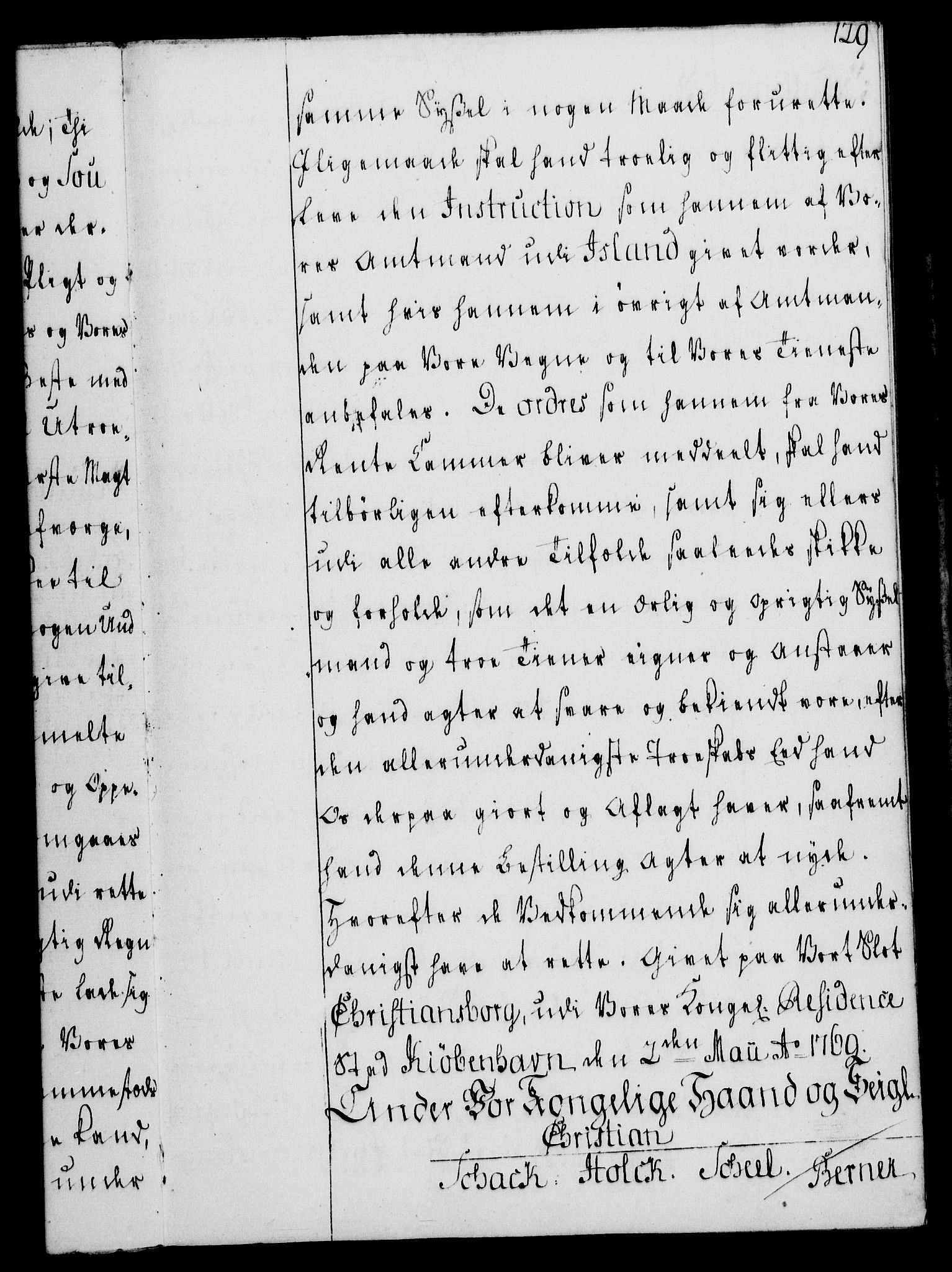 Rentekammeret, Kammerkanselliet, AV/RA-EA-3111/G/Gg/Gge/L0004: Norsk bestallingsprotokoll med register (merket RK 53.28), 1762-1771, p. 129