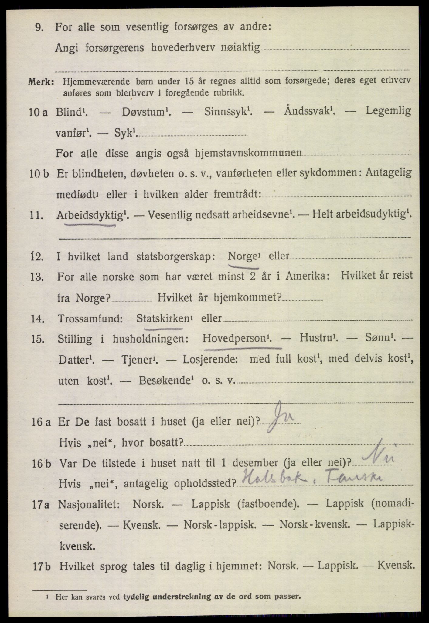 SAT, 1920 census for Fauske, 1920, p. 14909