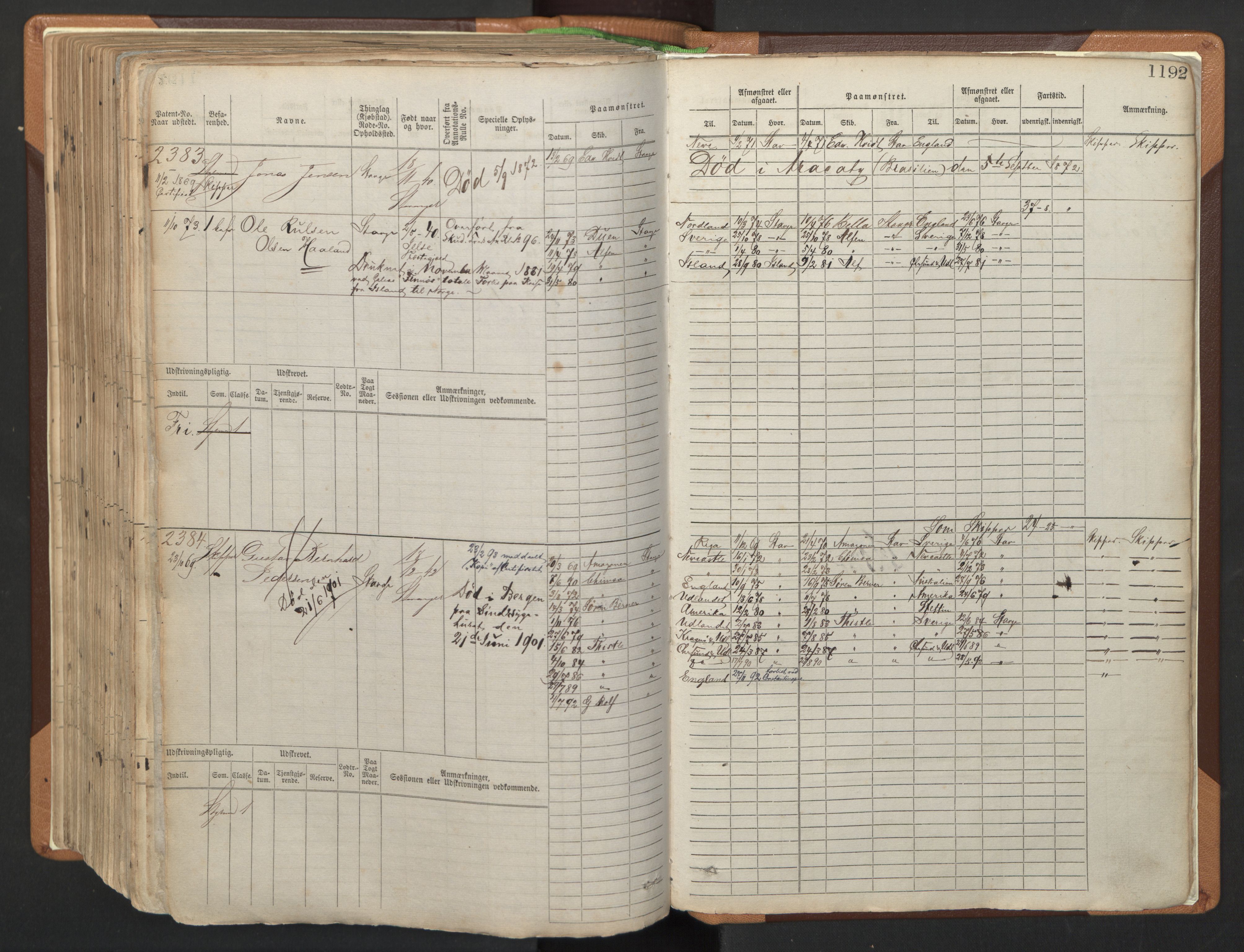 Stavanger sjømannskontor, AV/SAST-A-102006/F/Fb/Fbb/L0006: Sjøfartshovedrulle, patentnr. 1607-2402 (del 3), 1869-1880, p. 392