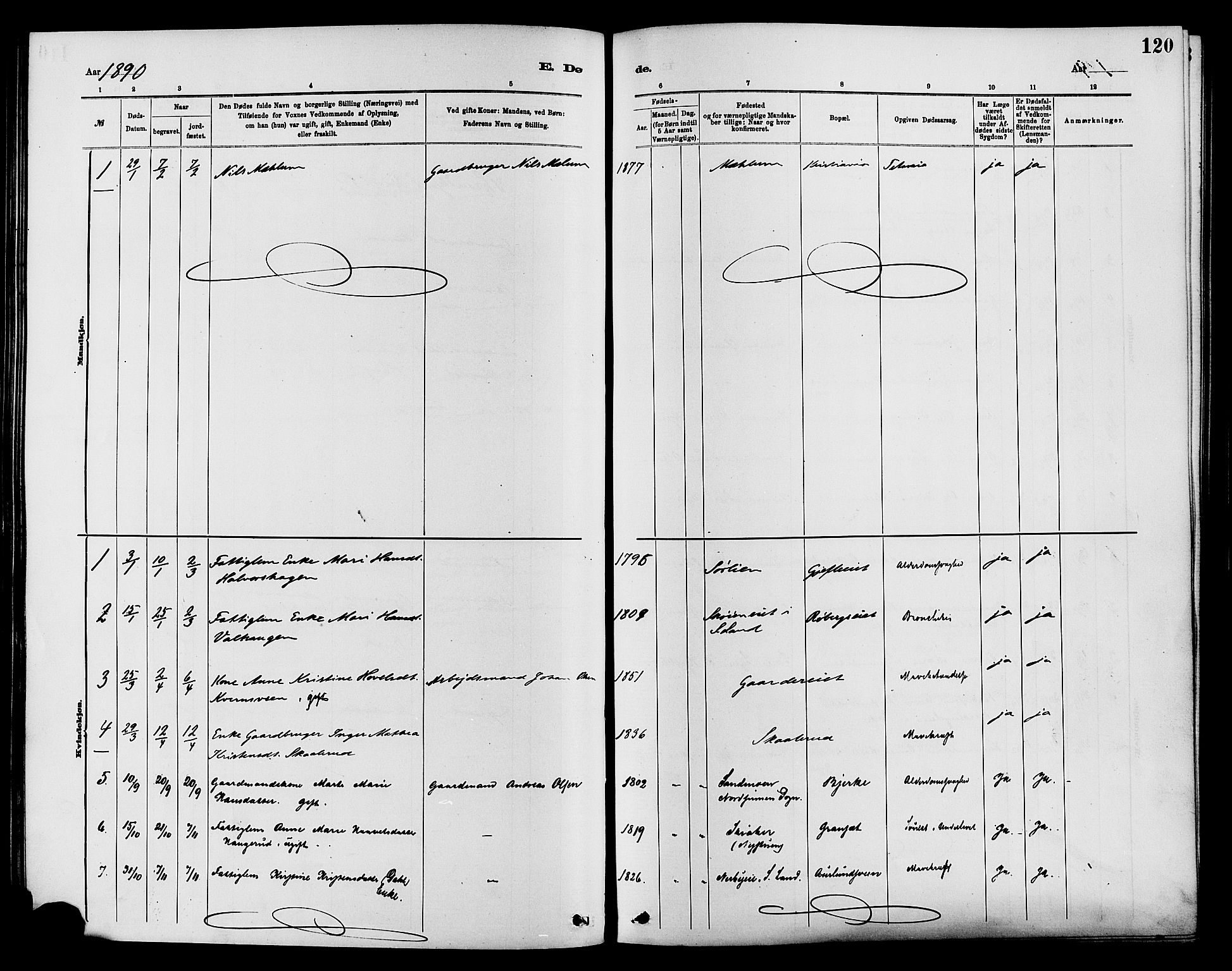 Nordre Land prestekontor, SAH/PREST-124/H/Ha/Haa/L0003: Parish register (official) no. 3, 1882-1896, p. 120