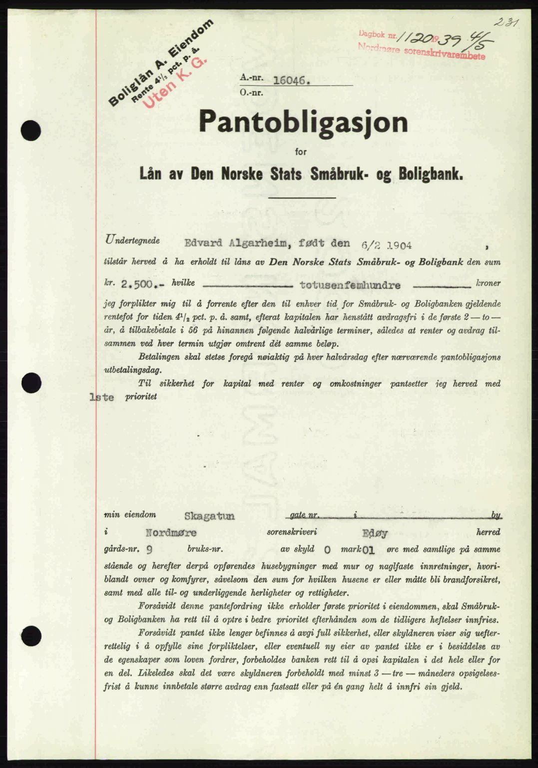 Nordmøre sorenskriveri, AV/SAT-A-4132/1/2/2Ca: Mortgage book no. B85, 1939-1939, Diary no: : 1120/1939