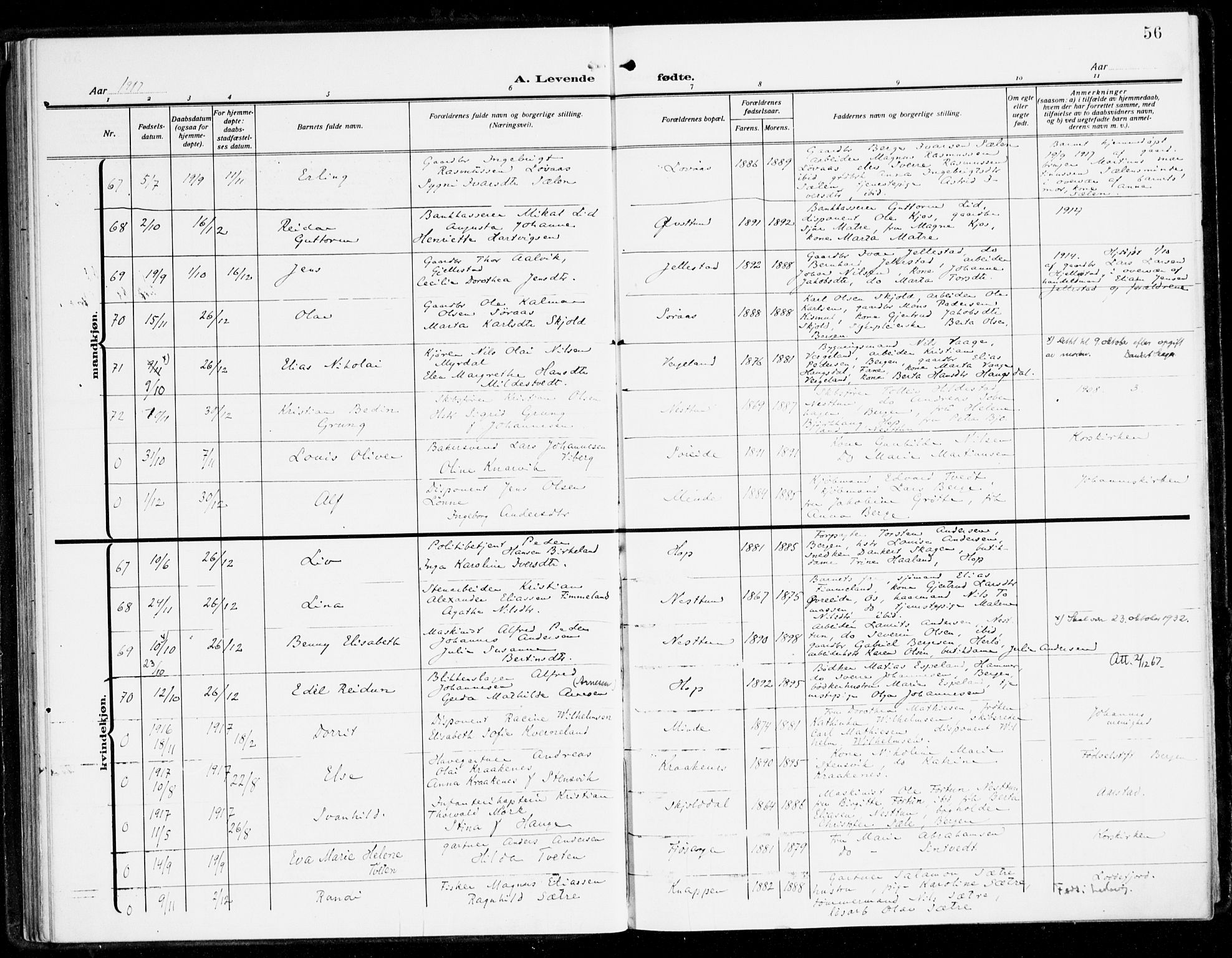 Fana Sokneprestembete, AV/SAB-A-75101/H/Haa/Haai/L0004: Parish register (official) no. I 4, 1912-1933, p. 56