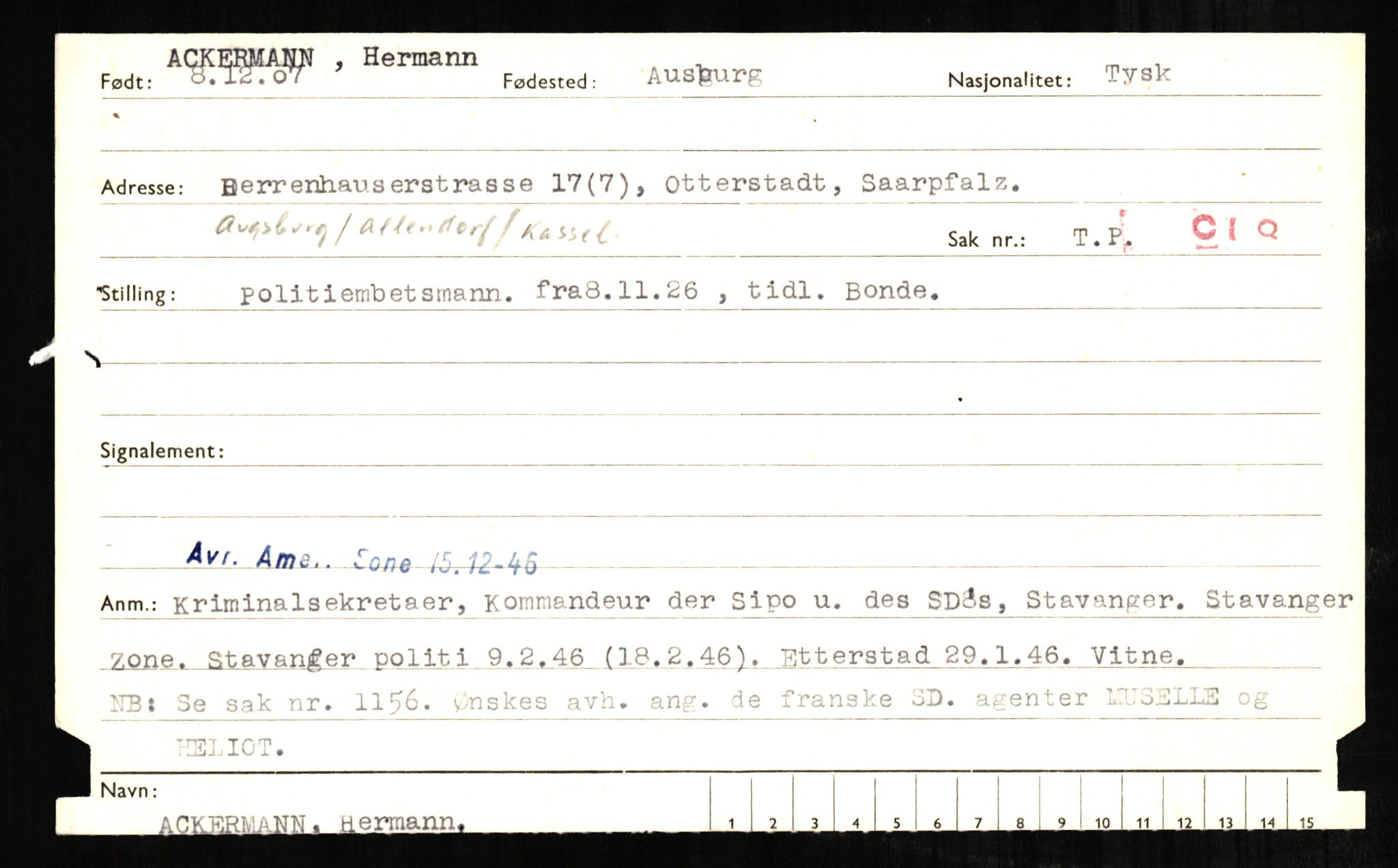 Forsvaret, Forsvarets overkommando II, AV/RA-RAFA-3915/D/Db/L0001: CI Questionaires. Tyske okkupasjonsstyrker i Norge. Tyskere., 1945-1946, p. 30