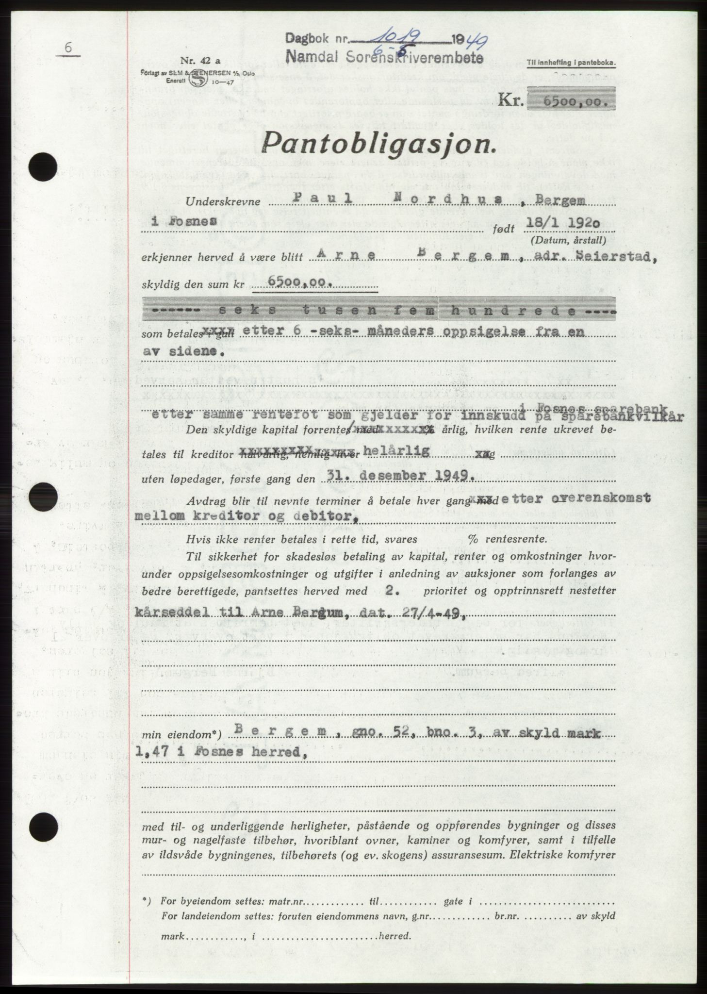 Namdal sorenskriveri, AV/SAT-A-4133/1/2/2C: Mortgage book no. -, 1949-1949, Diary no: : 1019/1949