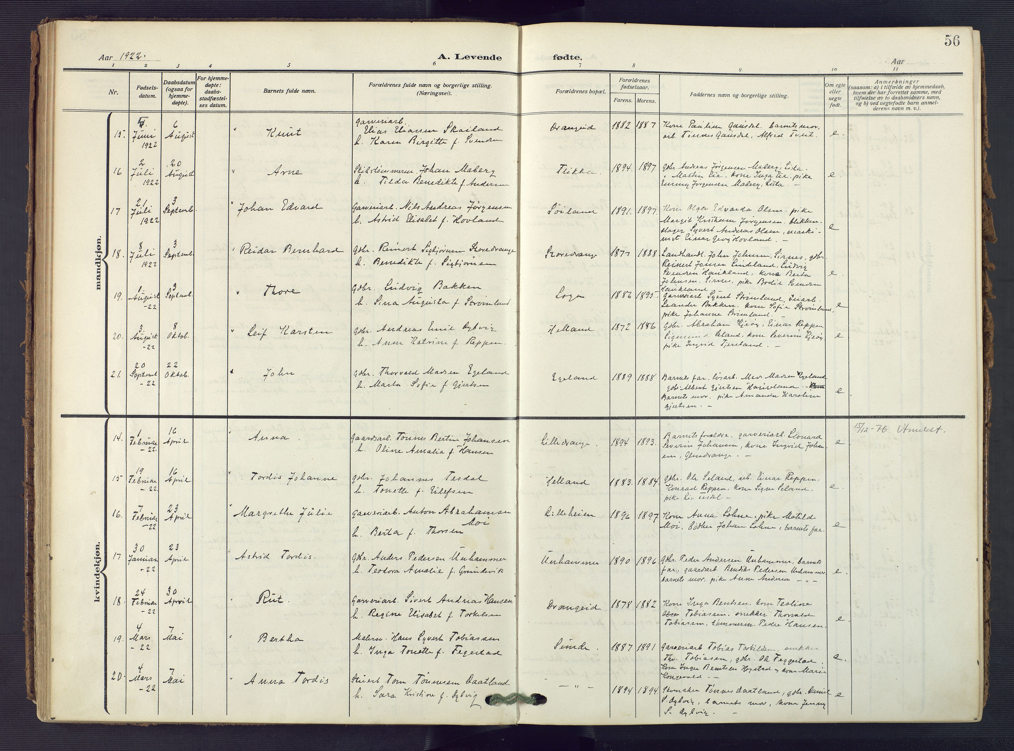 Flekkefjord sokneprestkontor, AV/SAK-1111-0012/F/Fa/Fac/L0010: Parish register (official) no. A 10, 1910-1927, p. 56