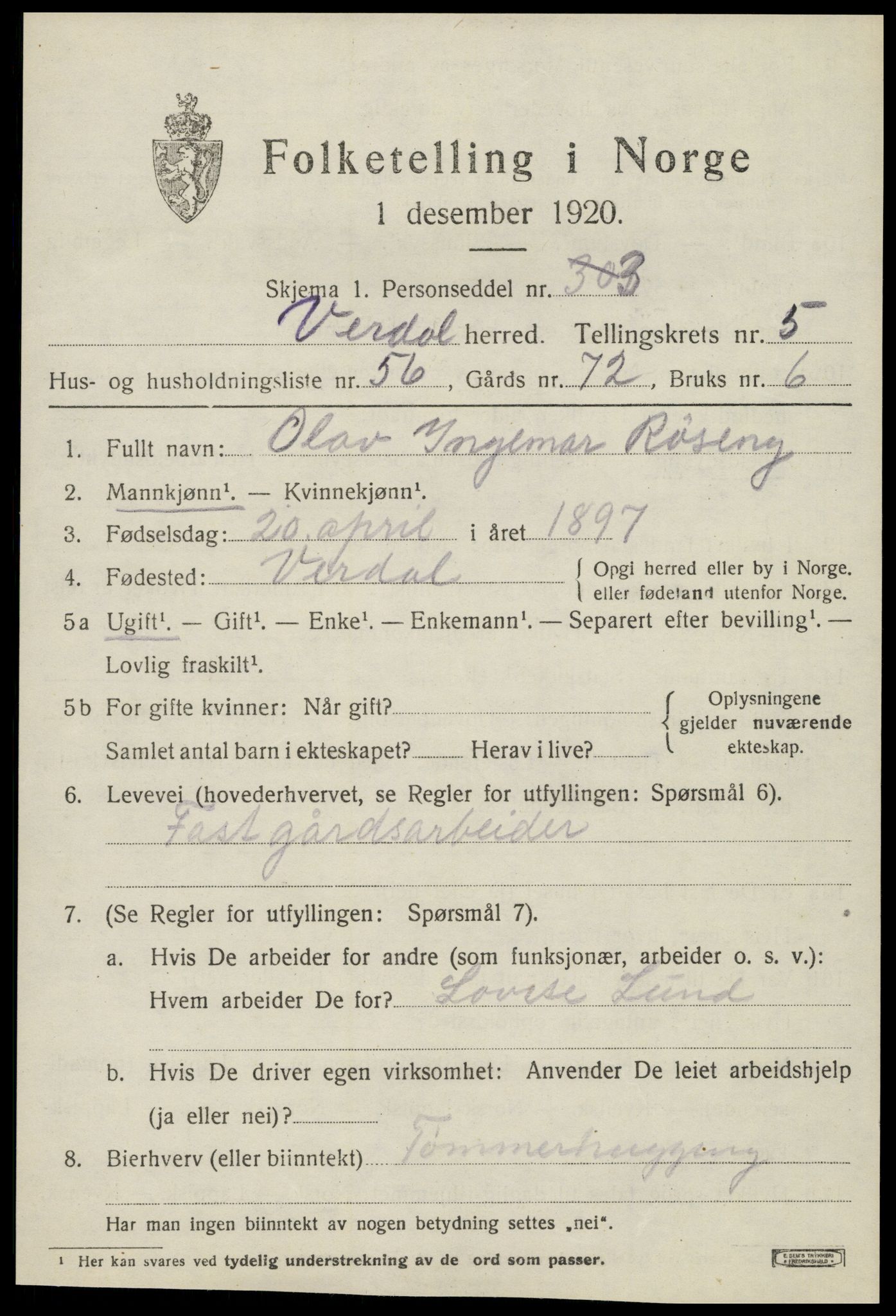 SAT, 1920 census for Verdal, 1920, p. 9173