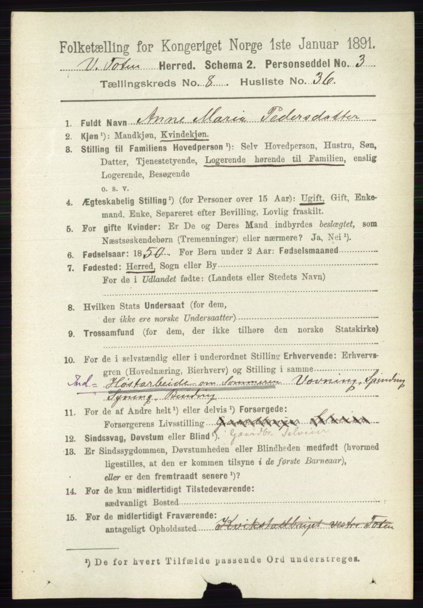 RA, 1891 census for 0529 Vestre Toten, 1891, p. 5221