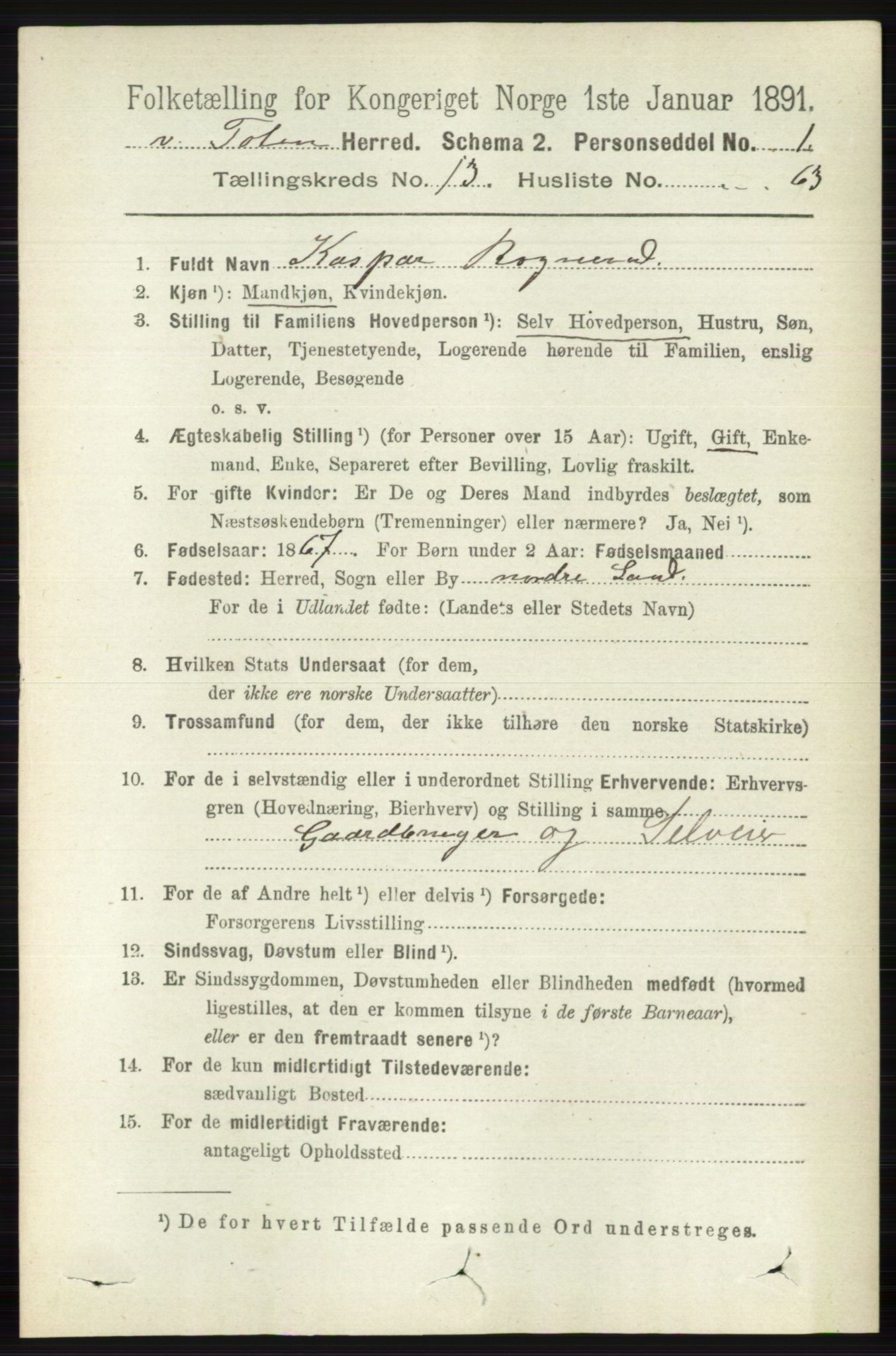 RA, 1891 census for 0529 Vestre Toten, 1891, p. 8135