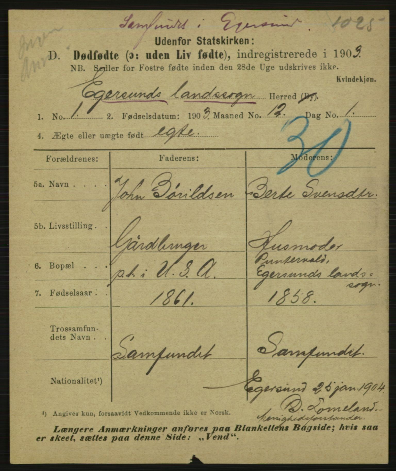 Statistisk sentralbyrå, Sosiodemografiske emner, Befolkning, AV/RA-S-2228/E/L0001: Fødte, gifte, døde dissentere., 1903, p. 3185