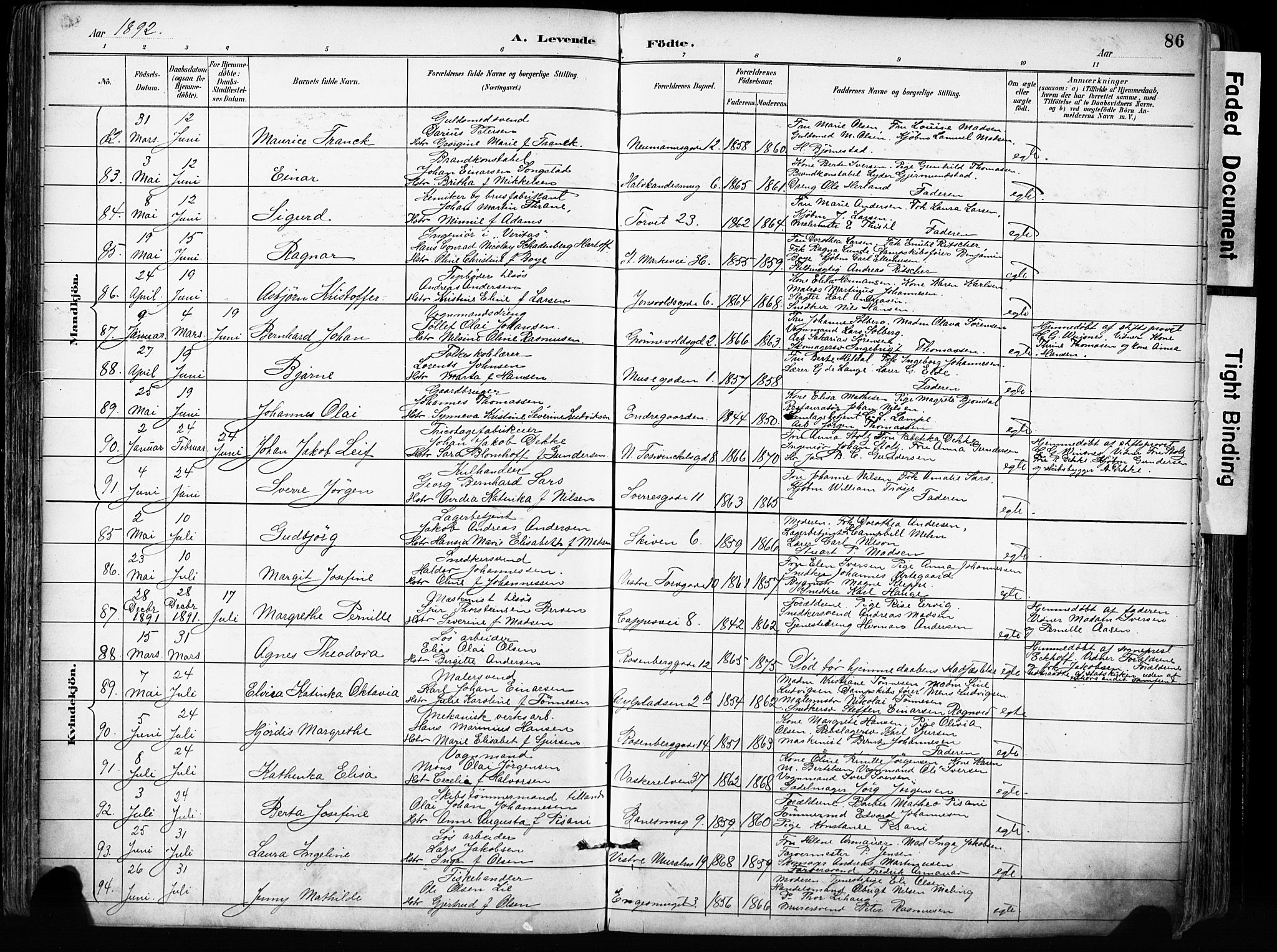 Domkirken sokneprestembete, SAB/A-74801/H/Haa/L0024: Parish register (official) no. B 7, 1888-1903, p. 86