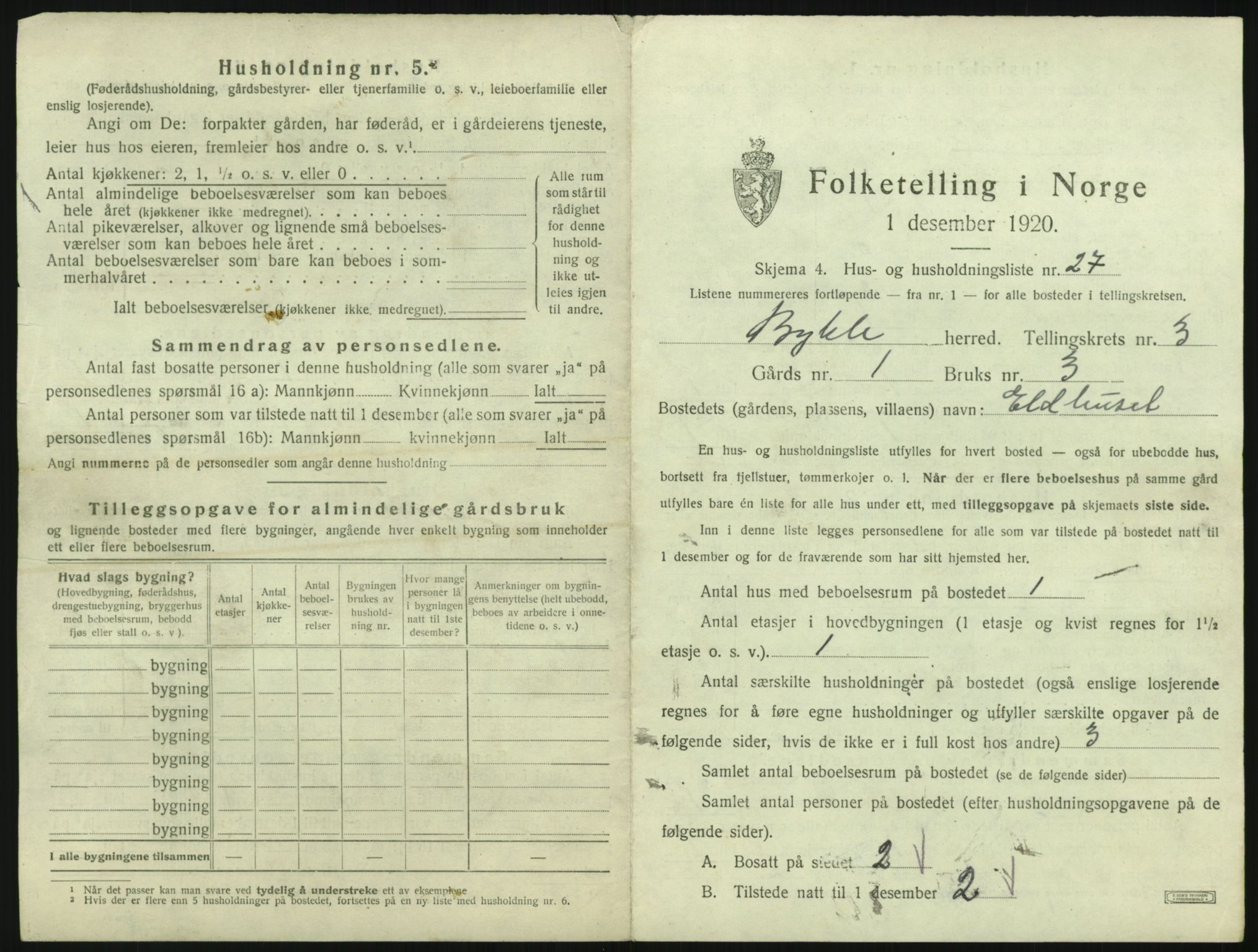 SAK, 1920 census for Bykle, 1920, p. 215