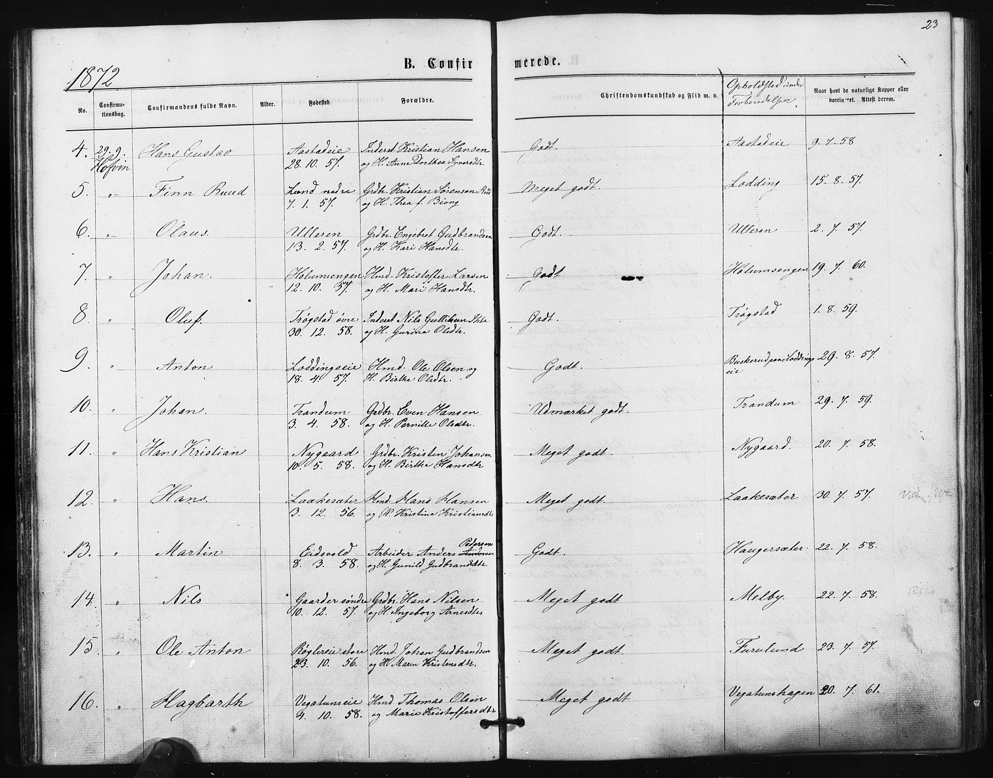 Ullensaker prestekontor Kirkebøker, AV/SAO-A-10236a/F/Fa/L0017: Parish register (official) no. I 17, 1871-1875, p. 23