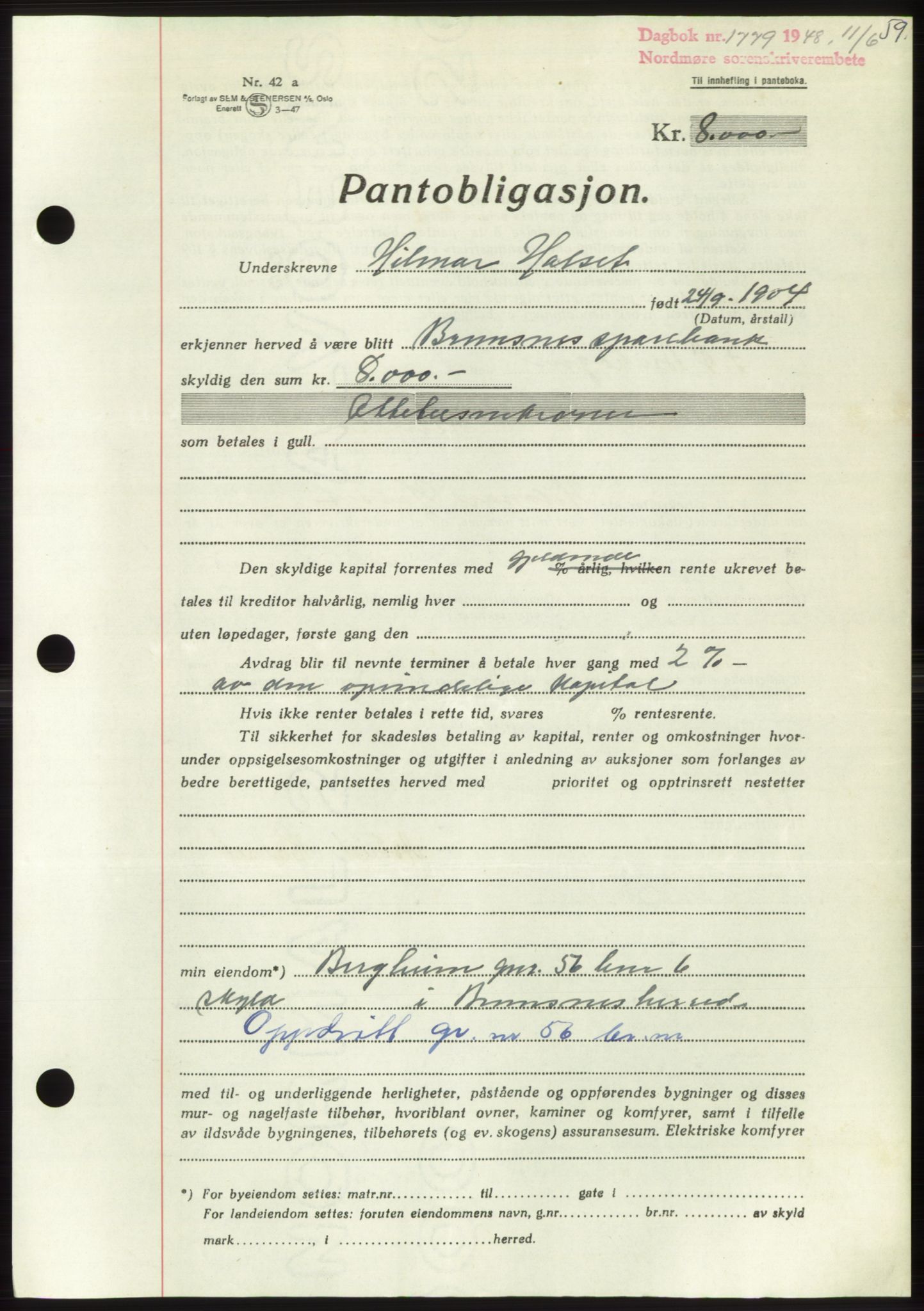 Nordmøre sorenskriveri, AV/SAT-A-4132/1/2/2Ca: Mortgage book no. B99, 1948-1948, Diary no: : 1779/1948