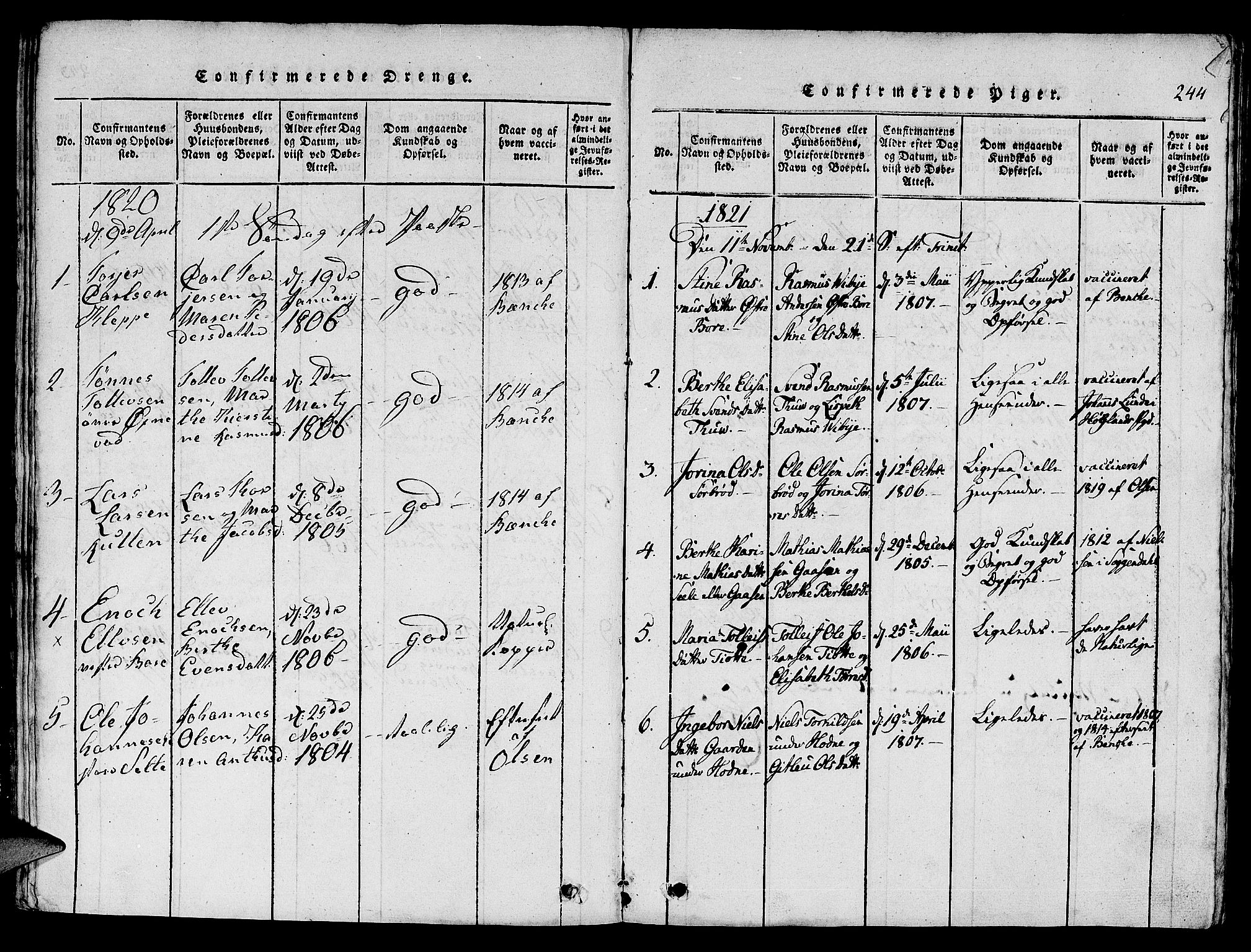 Klepp sokneprestkontor, SAST/A-101803/001/3/30BA/L0002: Parish register (official) no. A 2, 1816-1833, p. 244