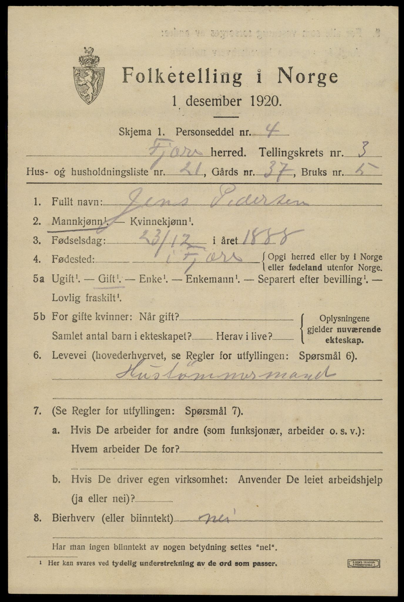 SAK, 1920 census for Fjære, 1920, p. 4791