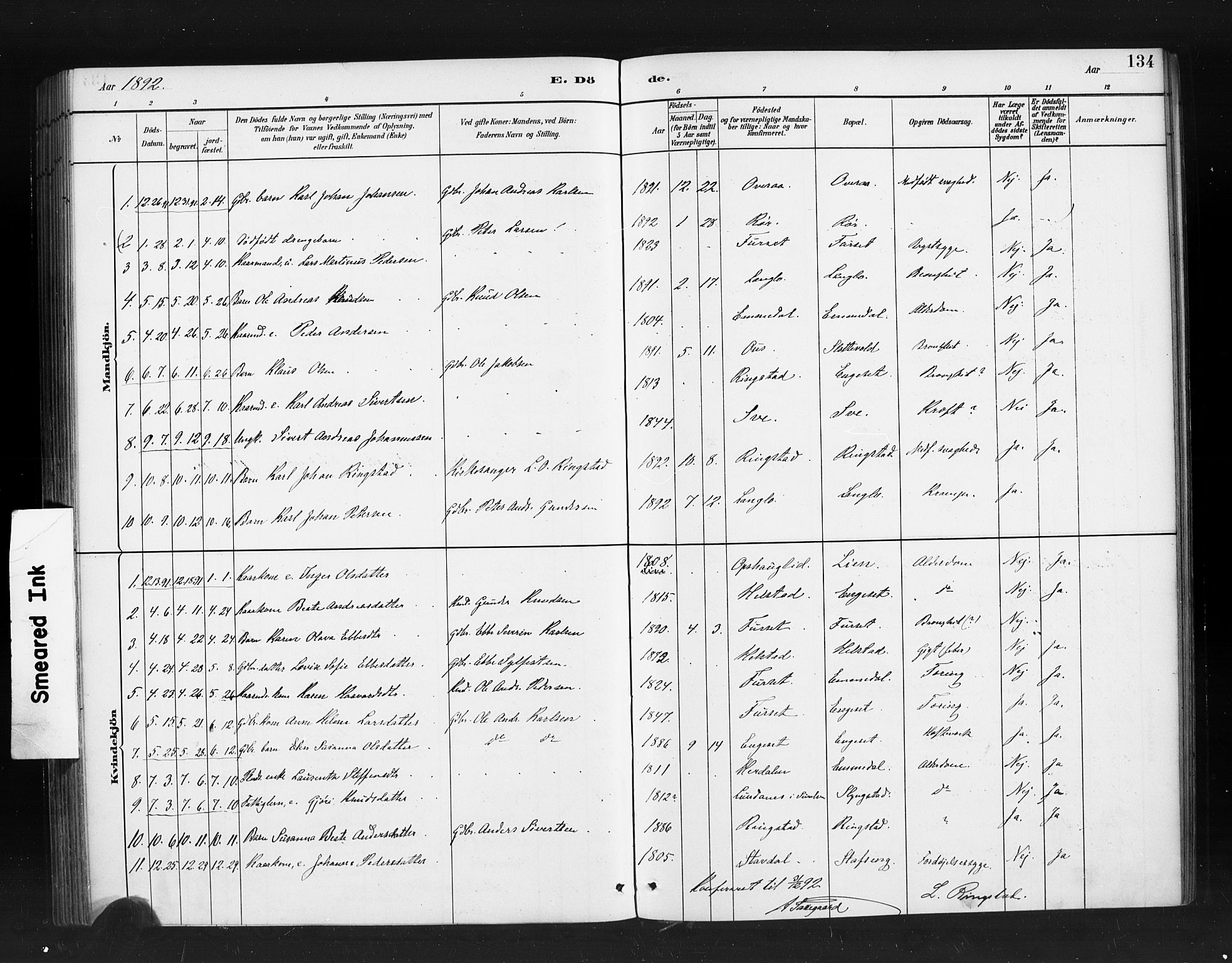 Ministerialprotokoller, klokkerbøker og fødselsregistre - Møre og Romsdal, SAT/A-1454/520/L0283: Parish register (official) no. 520A12, 1882-1898, p. 134