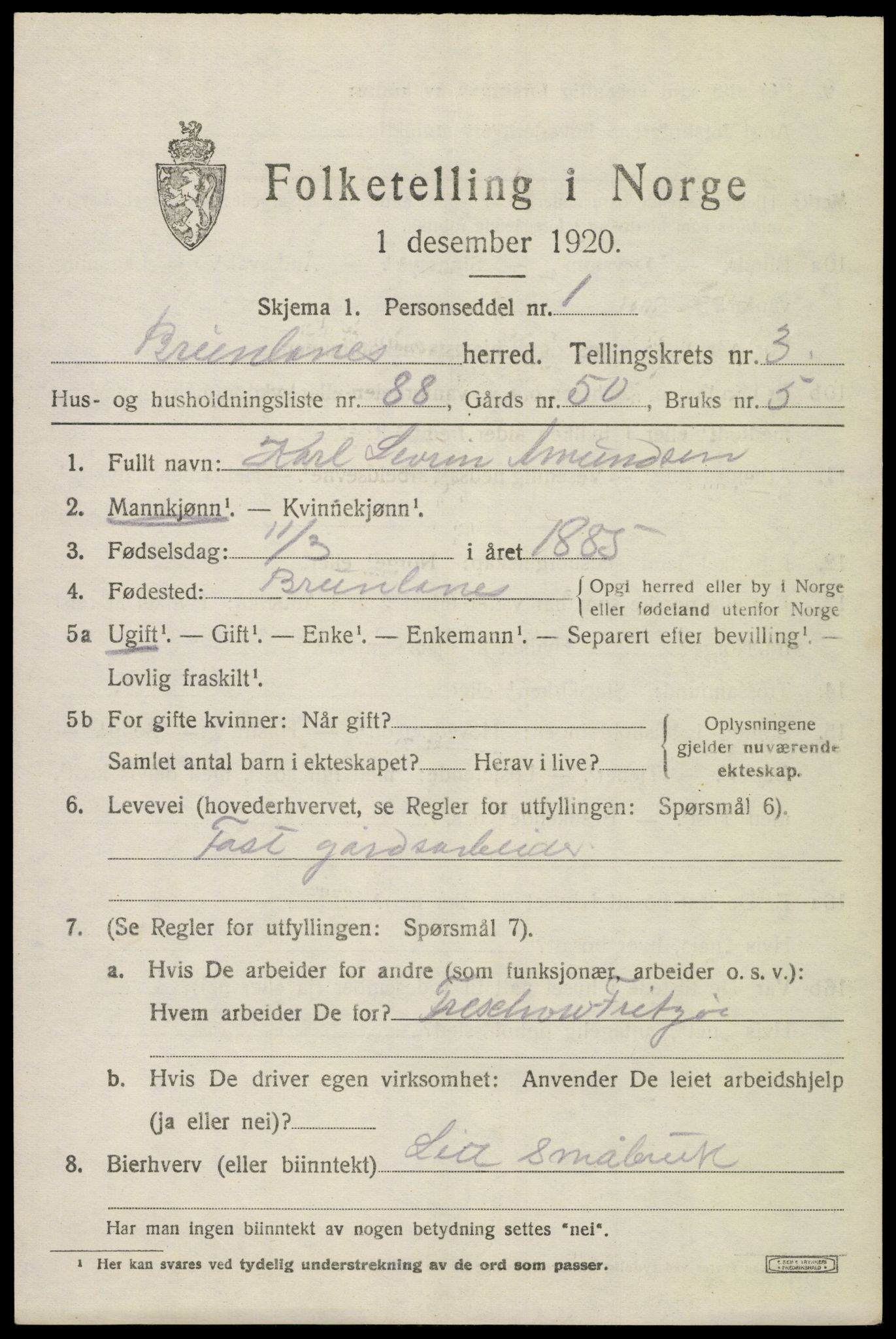 SAKO, 1920 census for Brunlanes, 1920, p. 5759