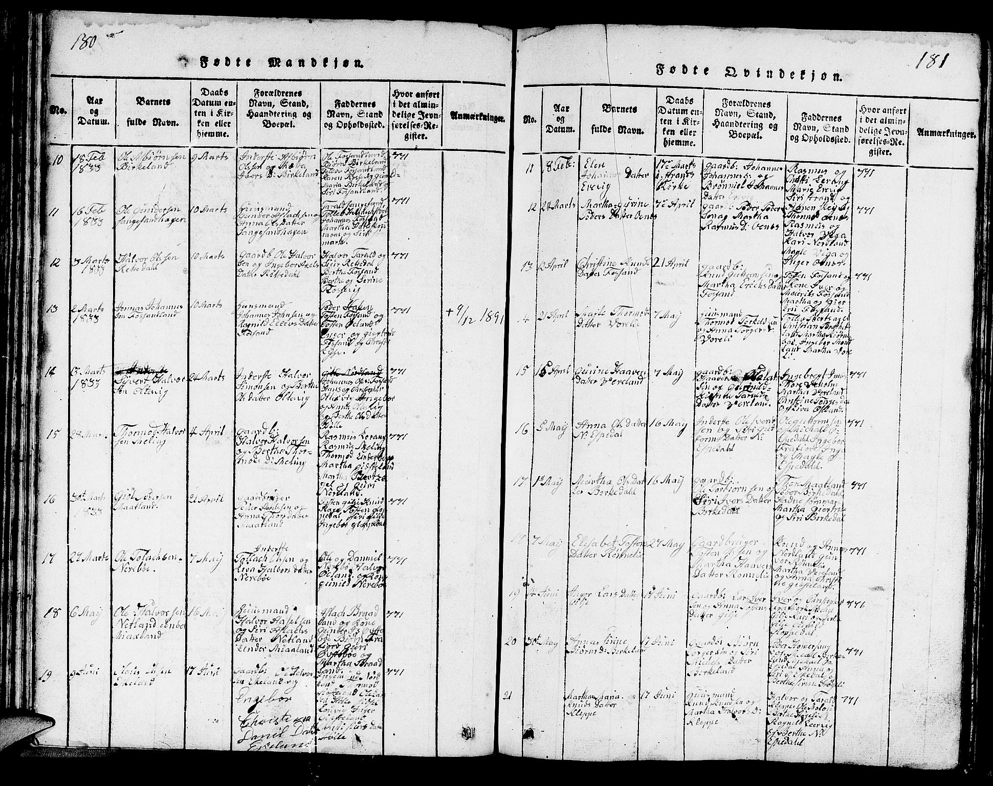 Strand sokneprestkontor, AV/SAST-A-101828/H/Ha/Hab/L0002: Parish register (copy) no. B 2, 1816-1854, p. 180-181