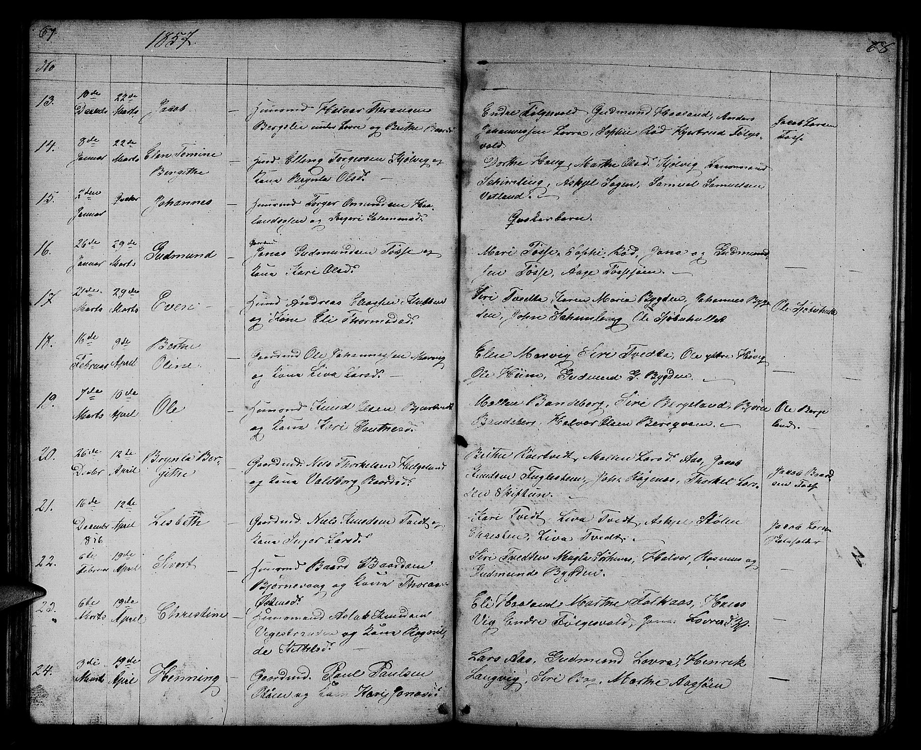 Jelsa sokneprestkontor, SAST/A-101842/01/V: Parish register (copy) no. B 2, 1852-1863, p. 67-68
