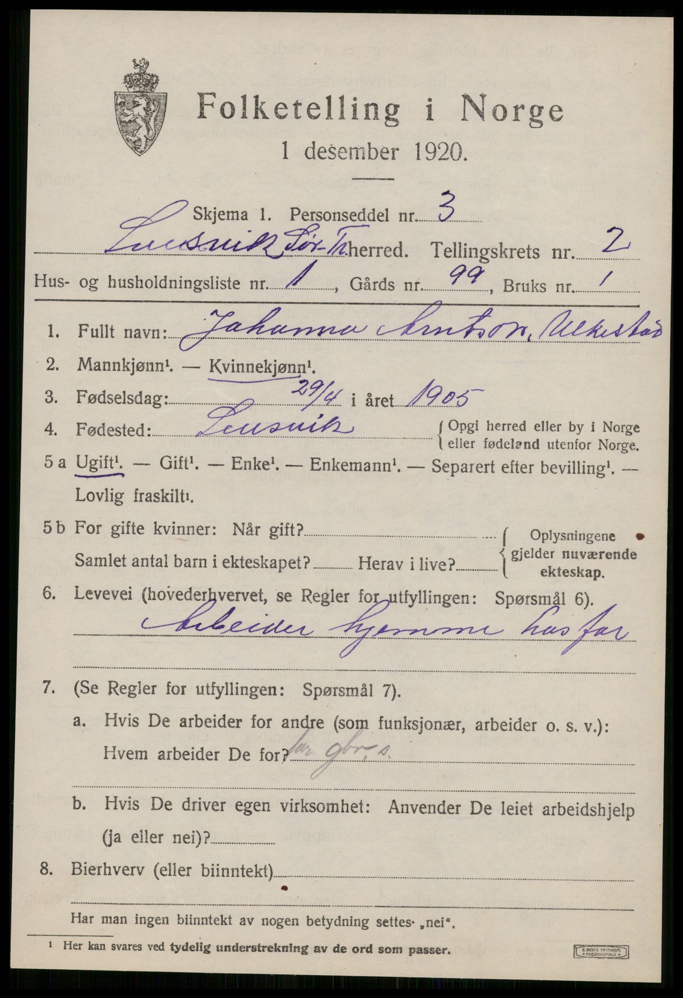 SAT, 1920 census for Lensvik, 1920, p. 1286