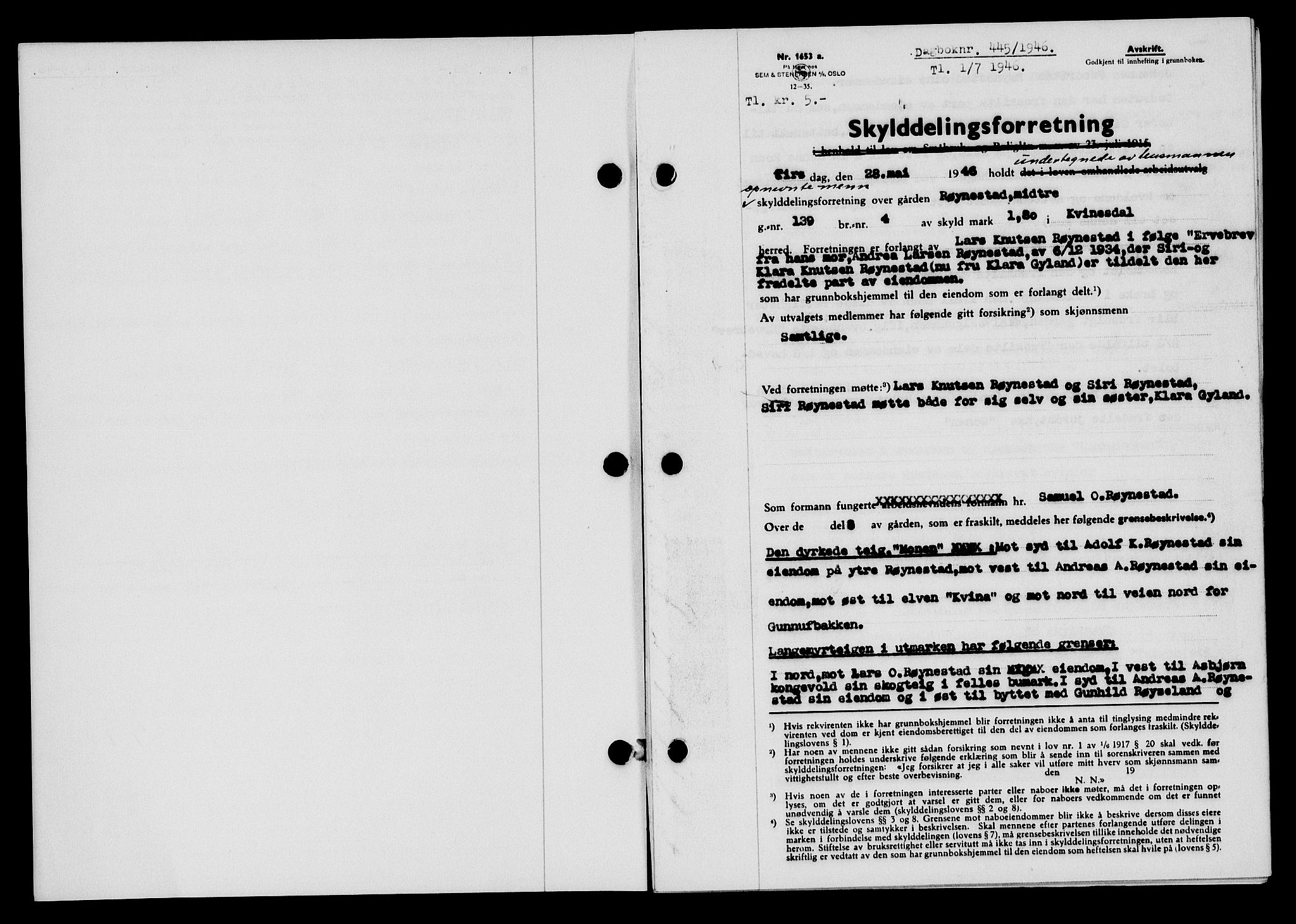 Flekkefjord sorenskriveri, SAK/1221-0001/G/Gb/Gba/L0060: Mortgage book no. A-8, 1945-1946, Diary no: : 445/1946