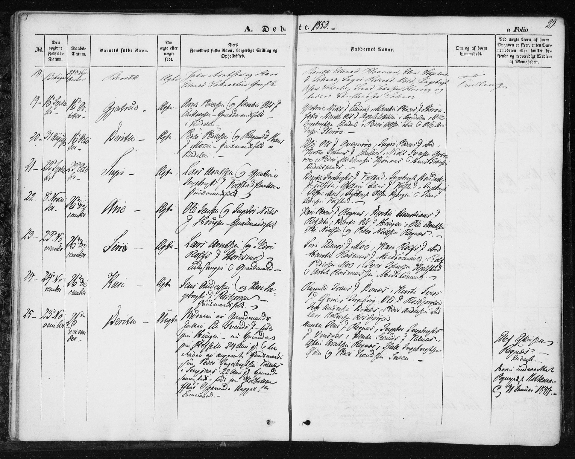 Ministerialprotokoller, klokkerbøker og fødselsregistre - Sør-Trøndelag, SAT/A-1456/687/L1000: Parish register (official) no. 687A06, 1848-1869, p. 29