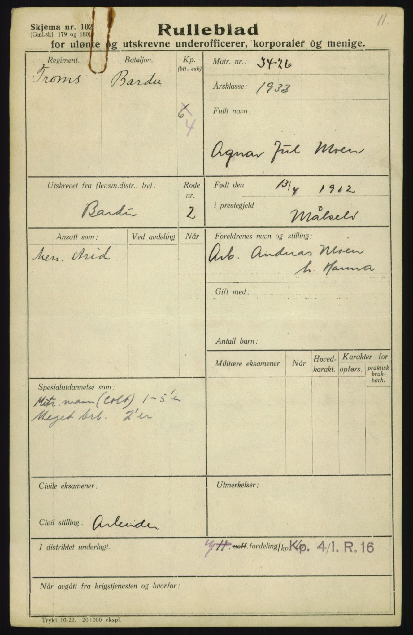 Forsvaret, Troms infanteriregiment nr. 16, AV/RA-RAFA-3146/P/Pa/L0017: Rulleblad for regimentets menige mannskaper, årsklasse 1933, 1933, p. 831