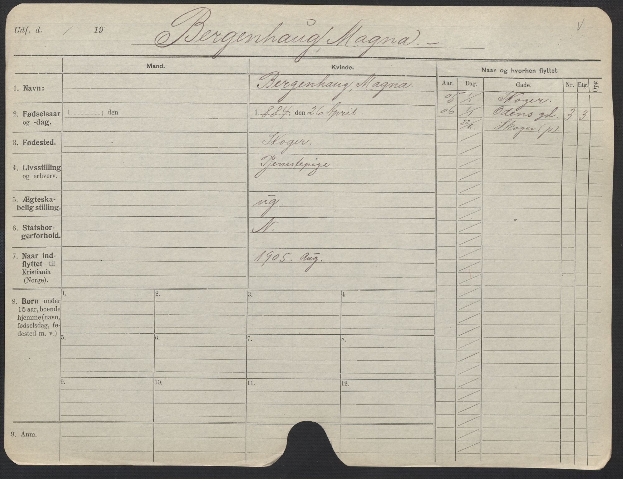 Oslo folkeregister, Registerkort, AV/SAO-A-11715/F/Fa/Fac/L0013: Kvinner, 1906-1914, p. 194a