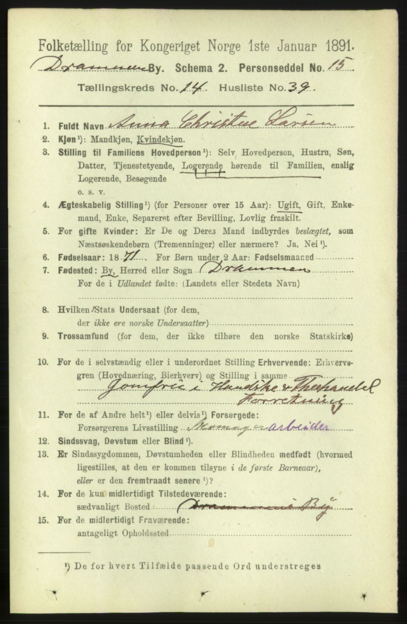 RA, 1891 census for 0602 Drammen, 1891, p. 10483