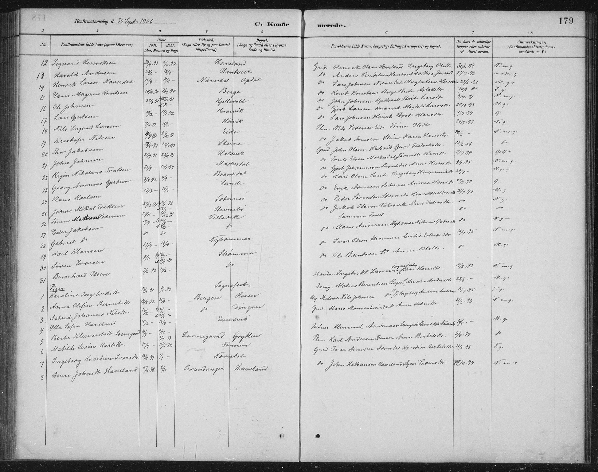 Gulen sokneprestembete, SAB/A-80201/H/Hab/Habb/L0003: Parish register (copy) no. B 3, 1884-1907, p. 179