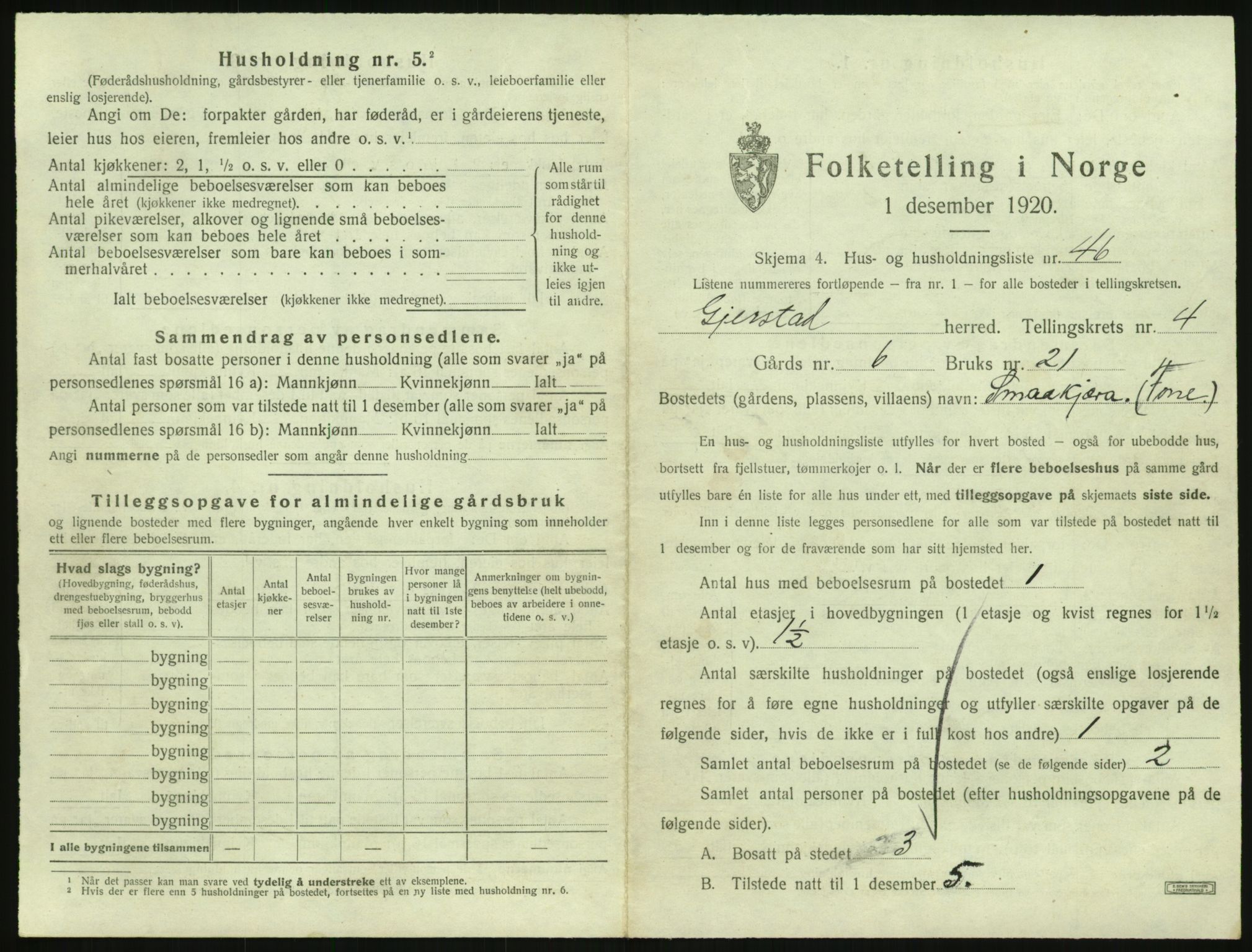 SAK, 1920 census for Gjerstad, 1920, p. 431