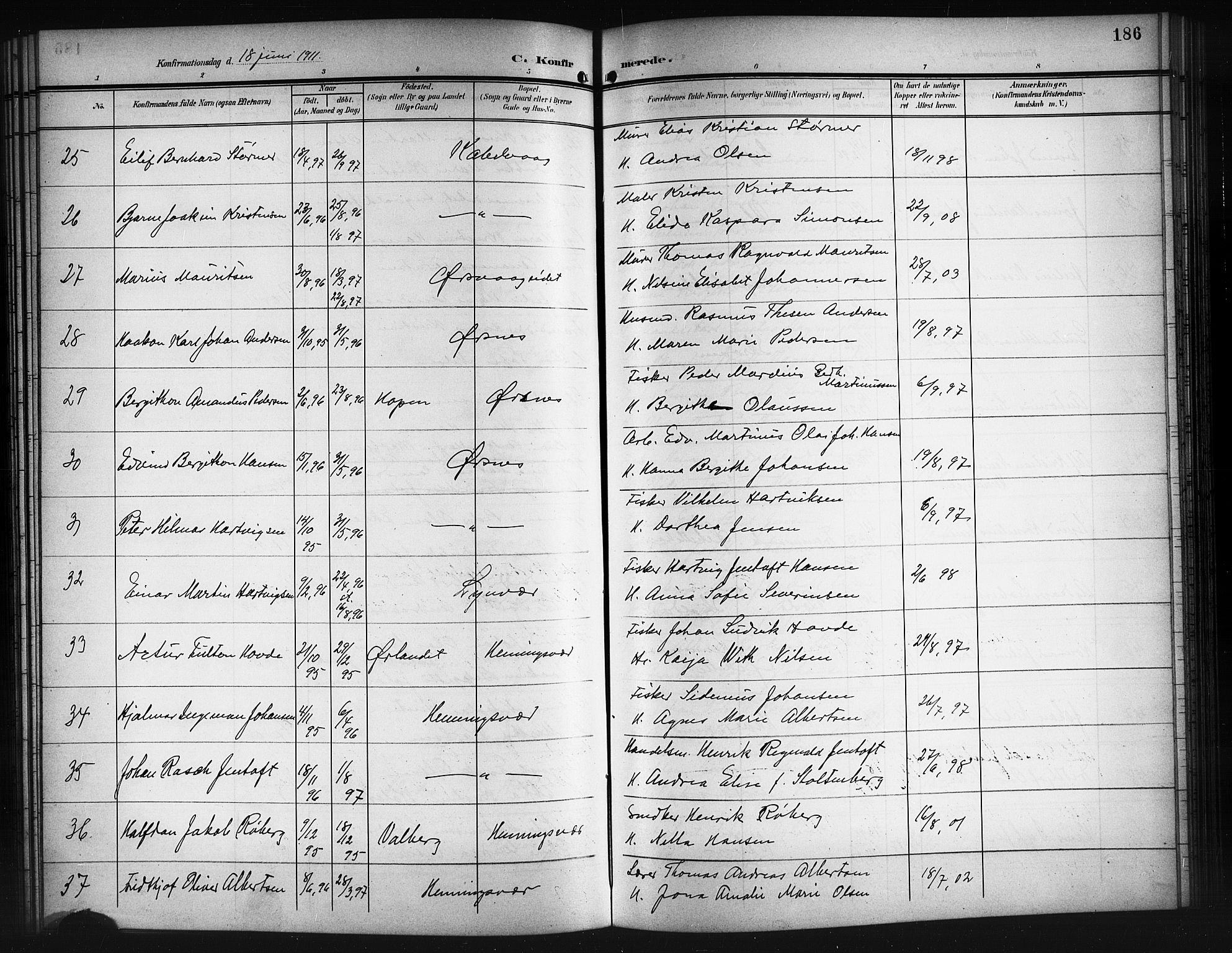 Ministerialprotokoller, klokkerbøker og fødselsregistre - Nordland, SAT/A-1459/874/L1079: Parish register (copy) no. 874C08, 1907-1915, p. 186
