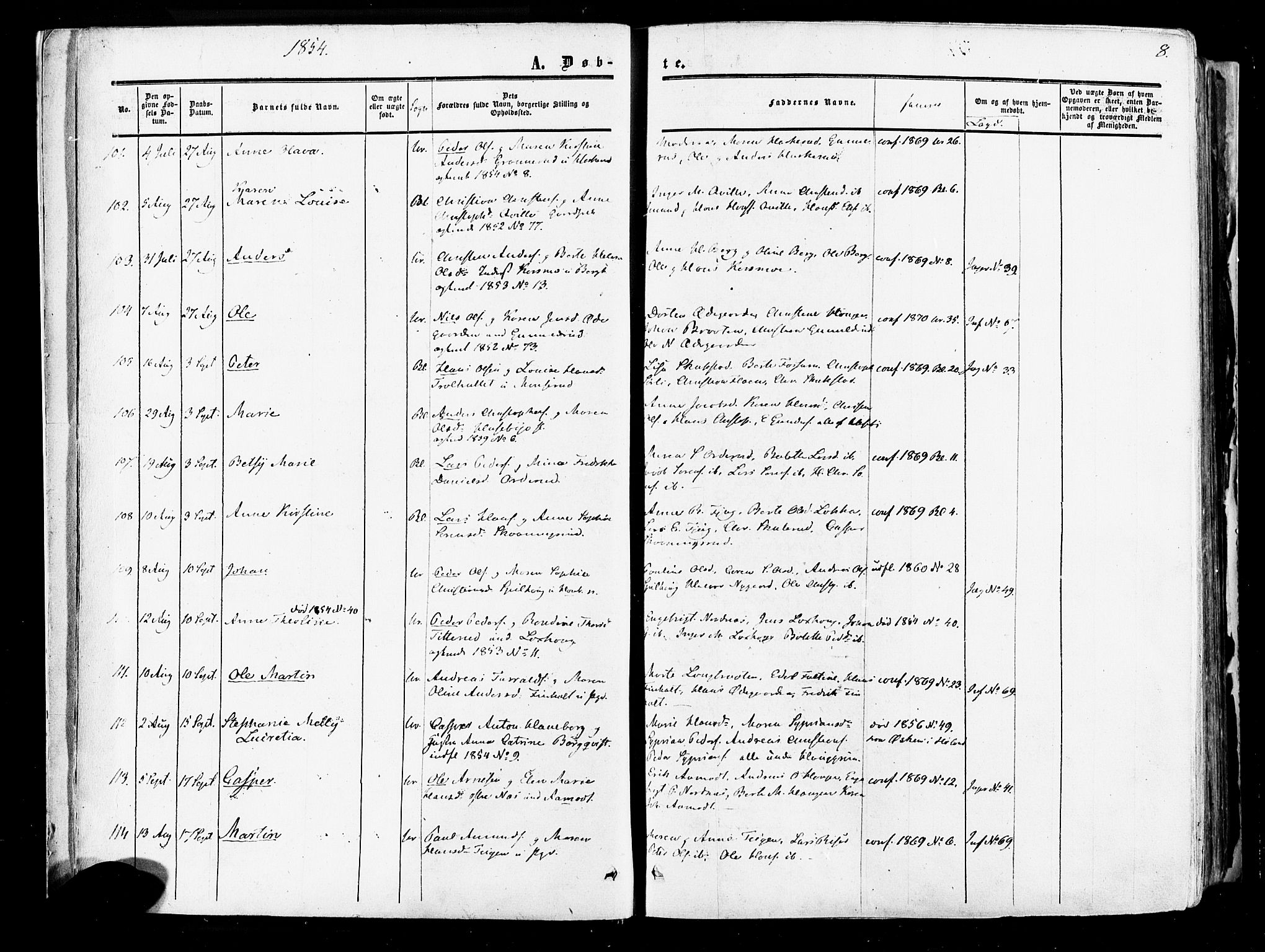 Aurskog prestekontor Kirkebøker, SAO/A-10304a/F/Fa/L0007: Parish register (official) no. I 7, 1854-1877, p. 8
