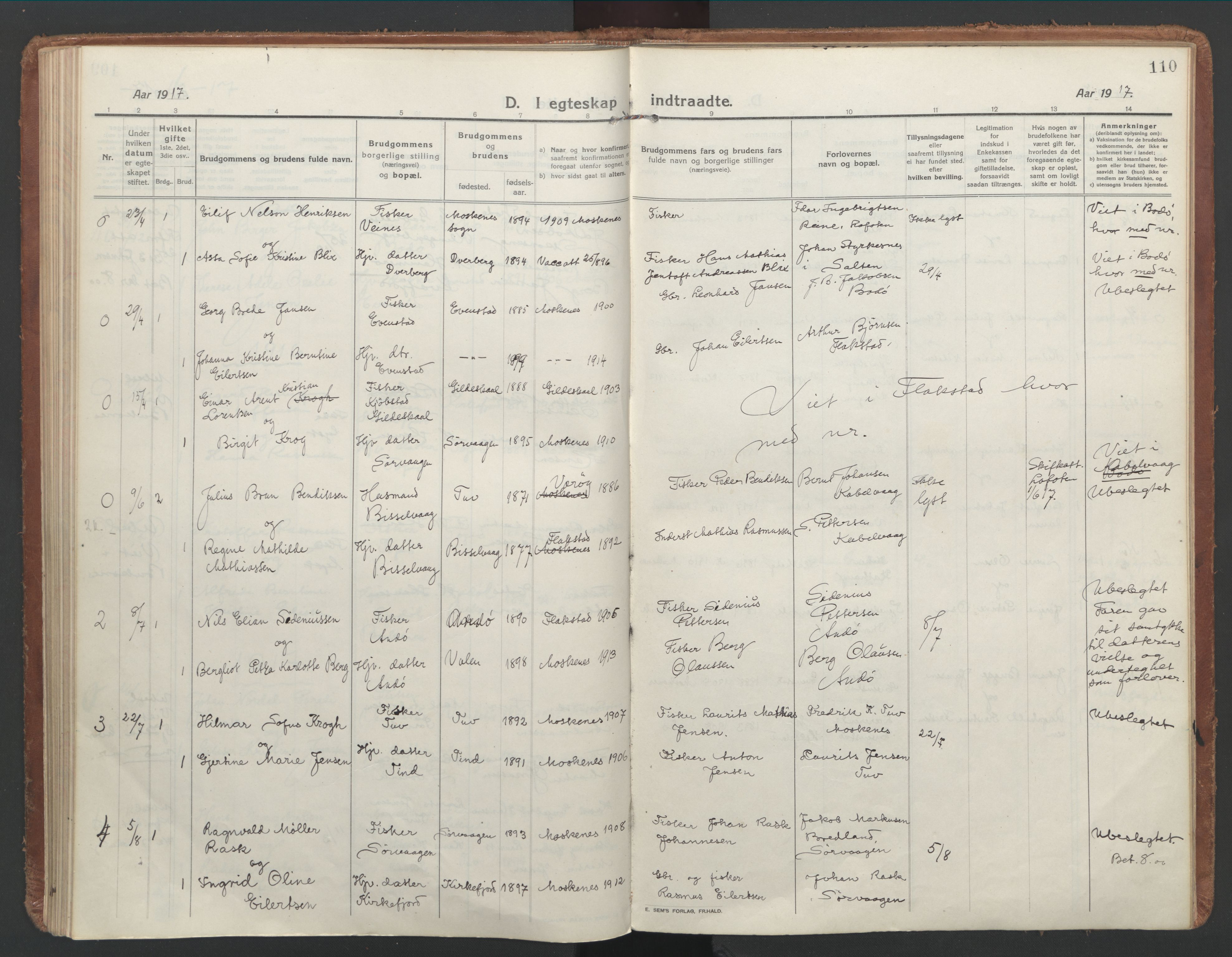 Ministerialprotokoller, klokkerbøker og fødselsregistre - Nordland, AV/SAT-A-1459/886/L1222: Parish register (official) no. 886A04, 1914-1926, p. 110