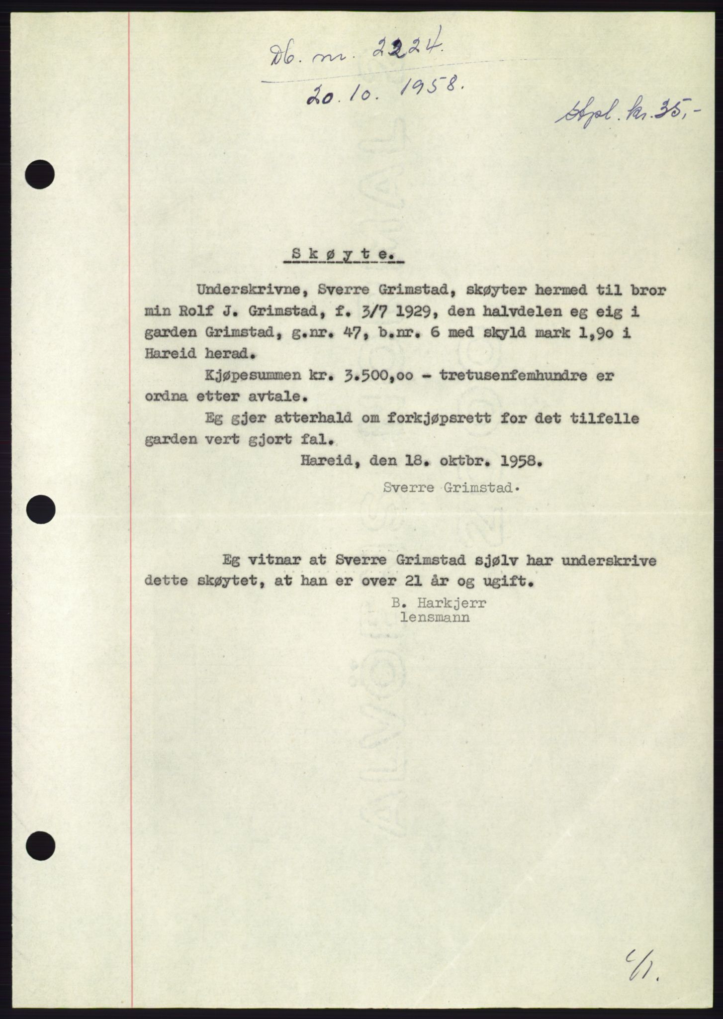 Søre Sunnmøre sorenskriveri, AV/SAT-A-4122/1/2/2C/L0110: Mortgage book no. 36A, 1958-1958, Diary no: : 2224/1958