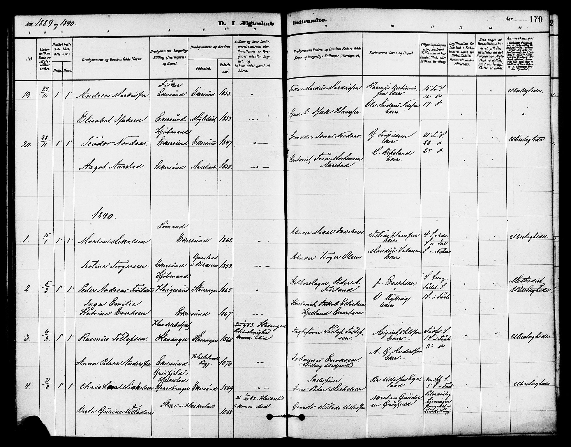 Eigersund sokneprestkontor, SAST/A-101807/S08/L0015: Parish register (official) no. A 15, 1879-1892, p. 179