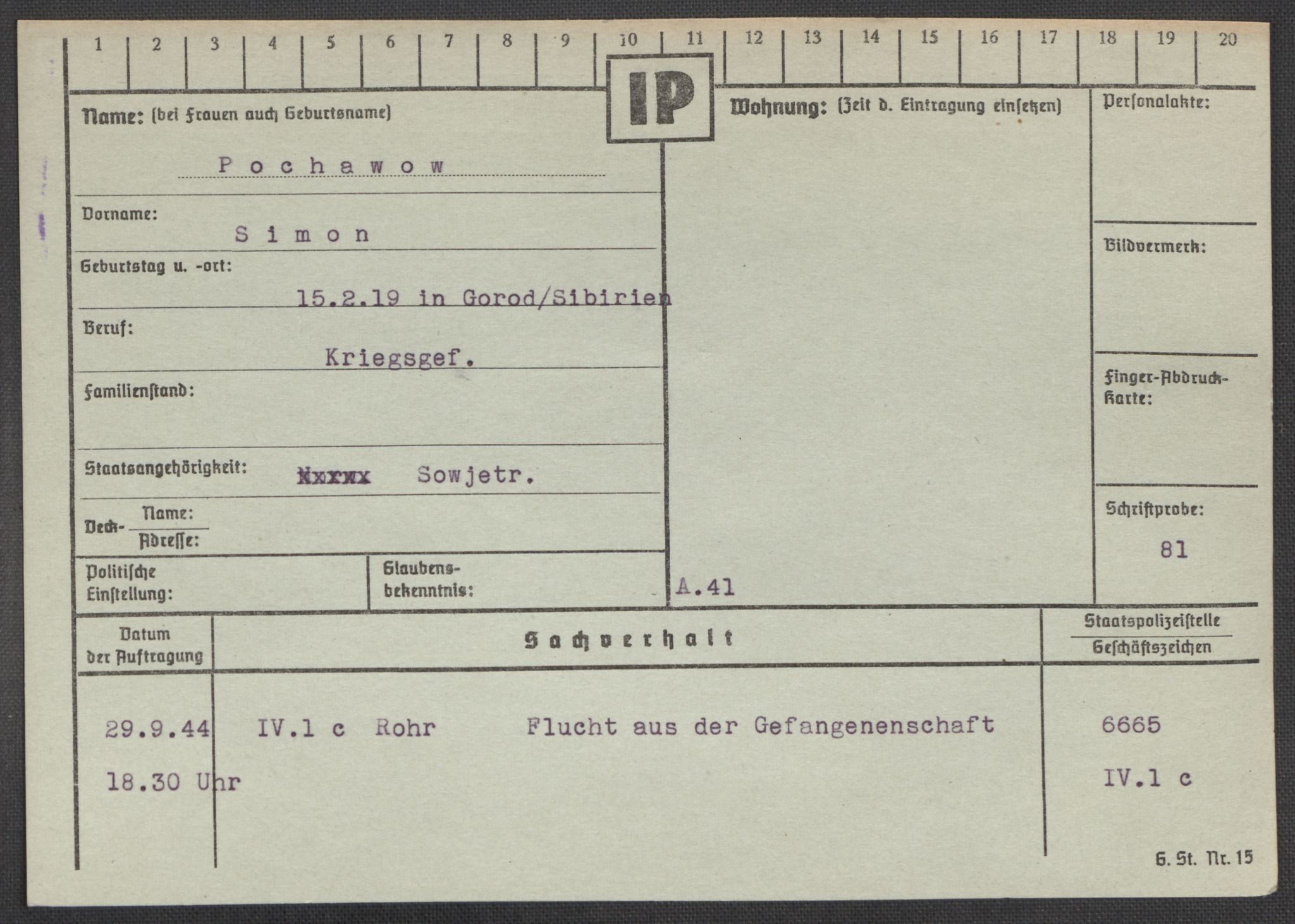 Befehlshaber der Sicherheitspolizei und des SD, AV/RA-RAFA-5969/E/Ea/Eaa/L0008: Register over norske fanger i Møllergata 19: Oelze-Ru, 1940-1945, p. 918