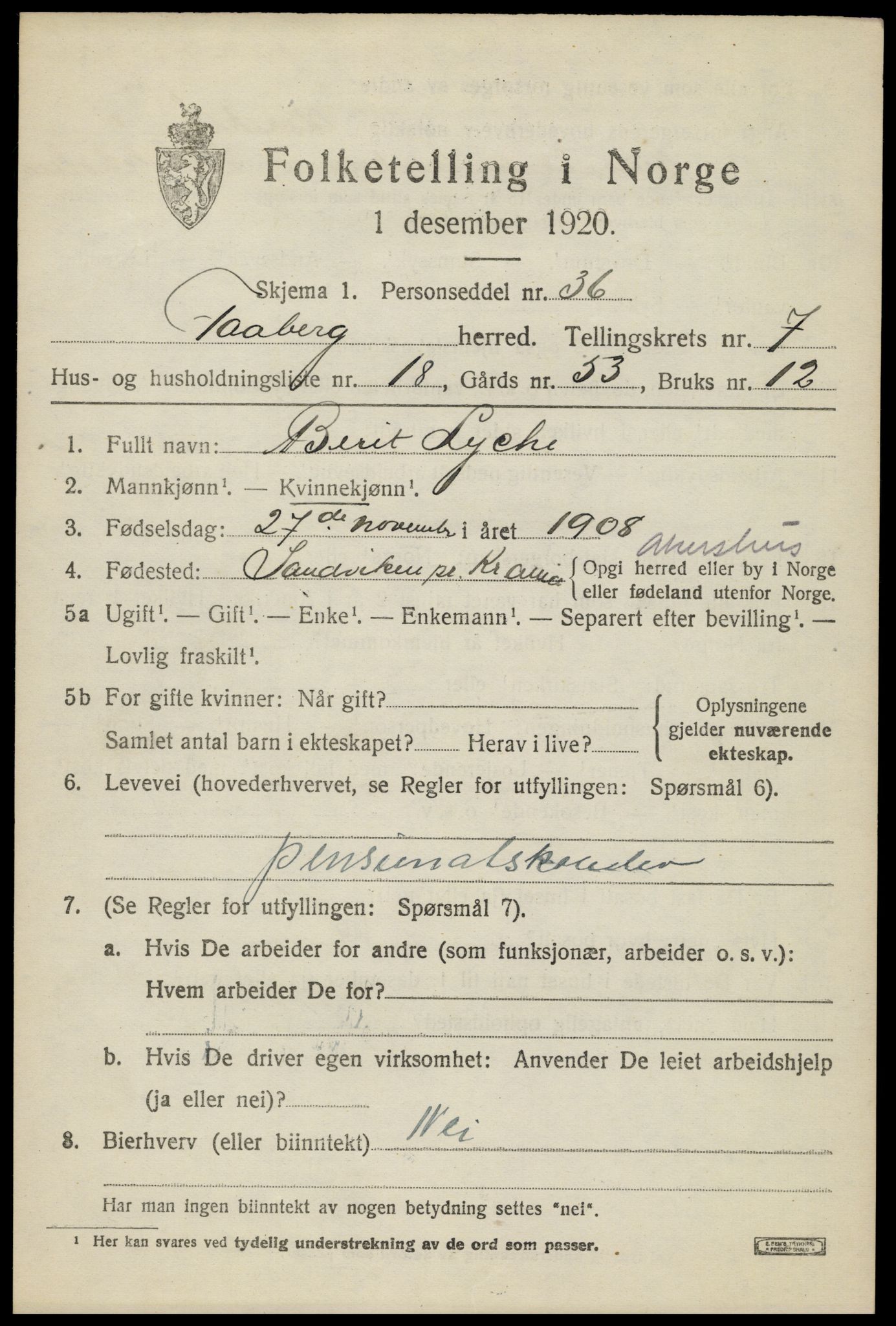 SAH, 1920 census for Fåberg, 1920, p. 8140