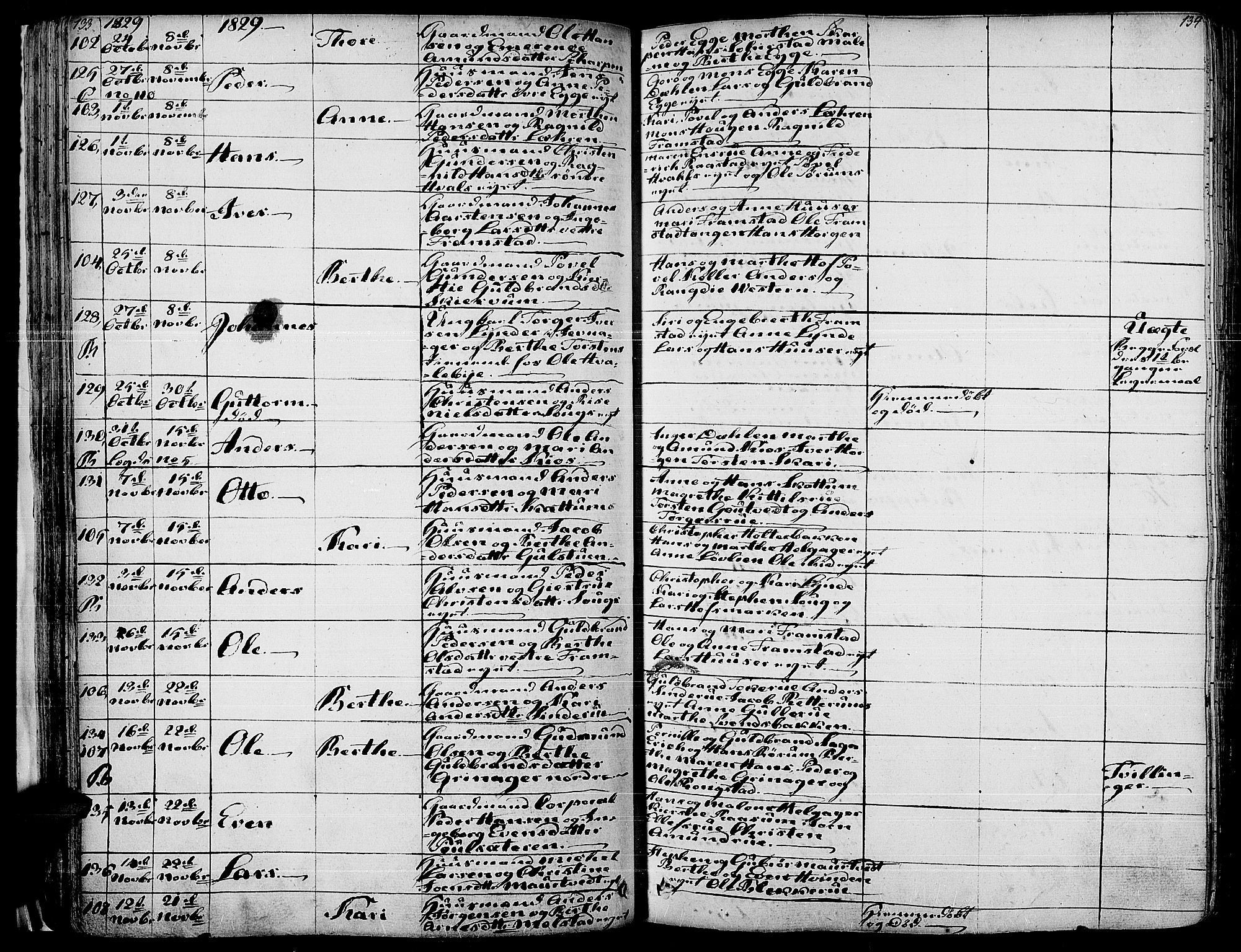 Gran prestekontor, SAH/PREST-112/H/Ha/Haa/L0010: Parish register (official) no. 10, 1824-1842, p. 133-134