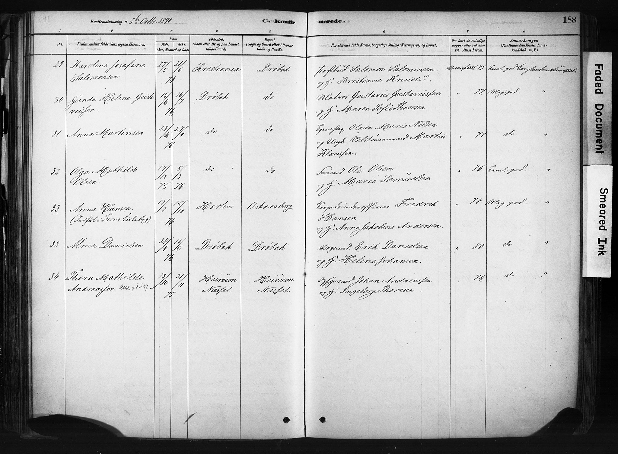 Drøbak prestekontor Kirkebøker, AV/SAO-A-10142a/F/Fb/L0001: Parish register (official) no. II 1, 1878-1891, p. 188
