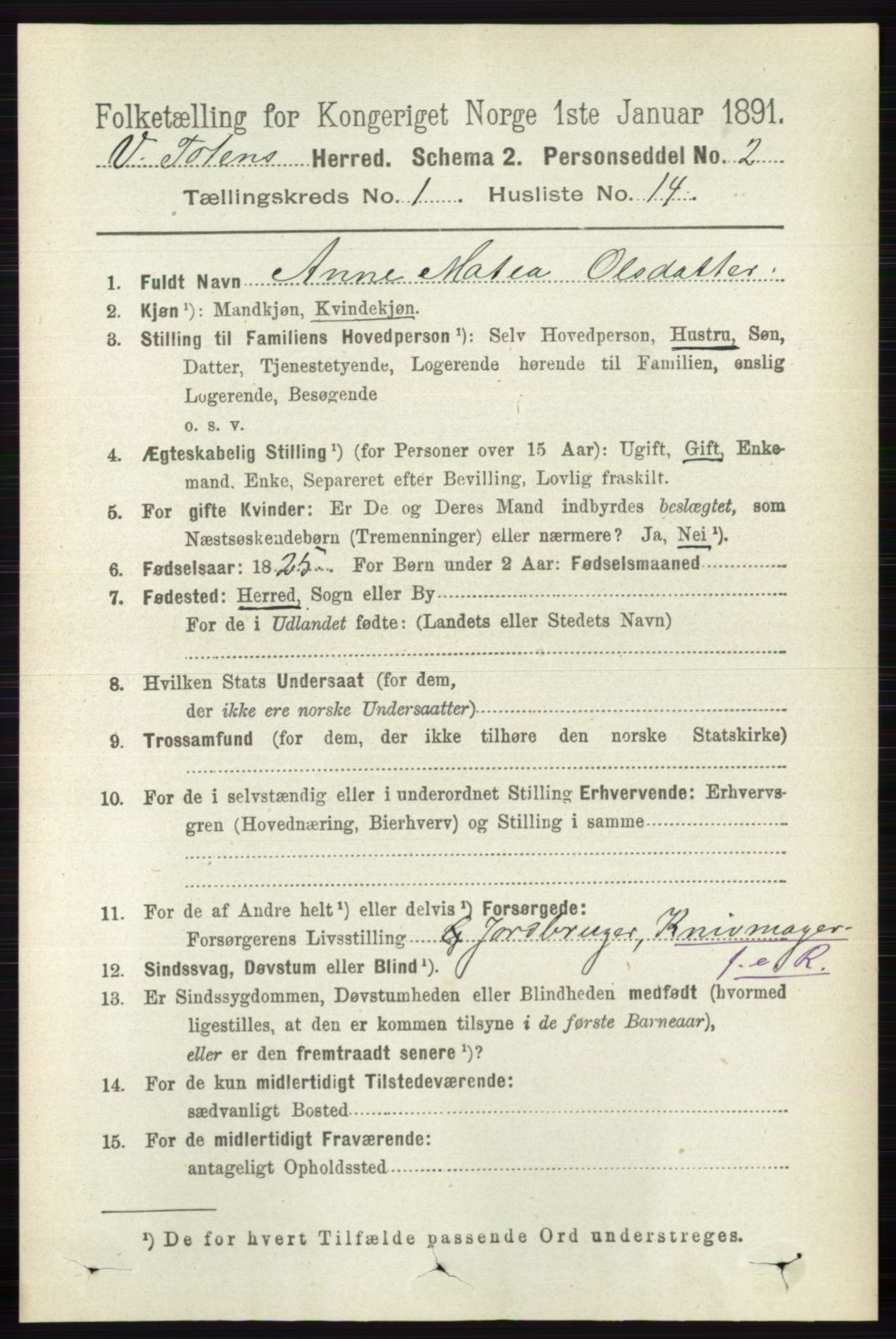 RA, 1891 census for 0529 Vestre Toten, 1891, p. 280